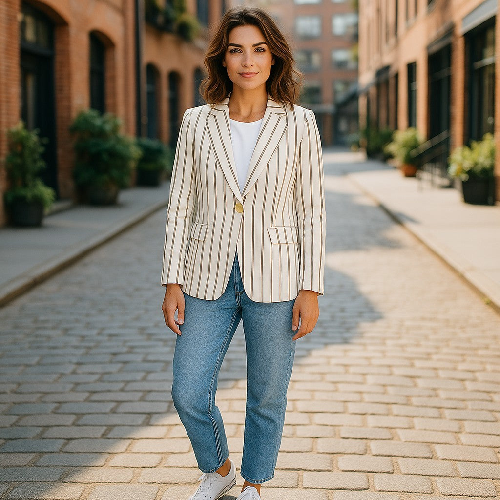 GANT Stripe Linen Straight Women Blazer EU40 Off-White Linen Blend Notch