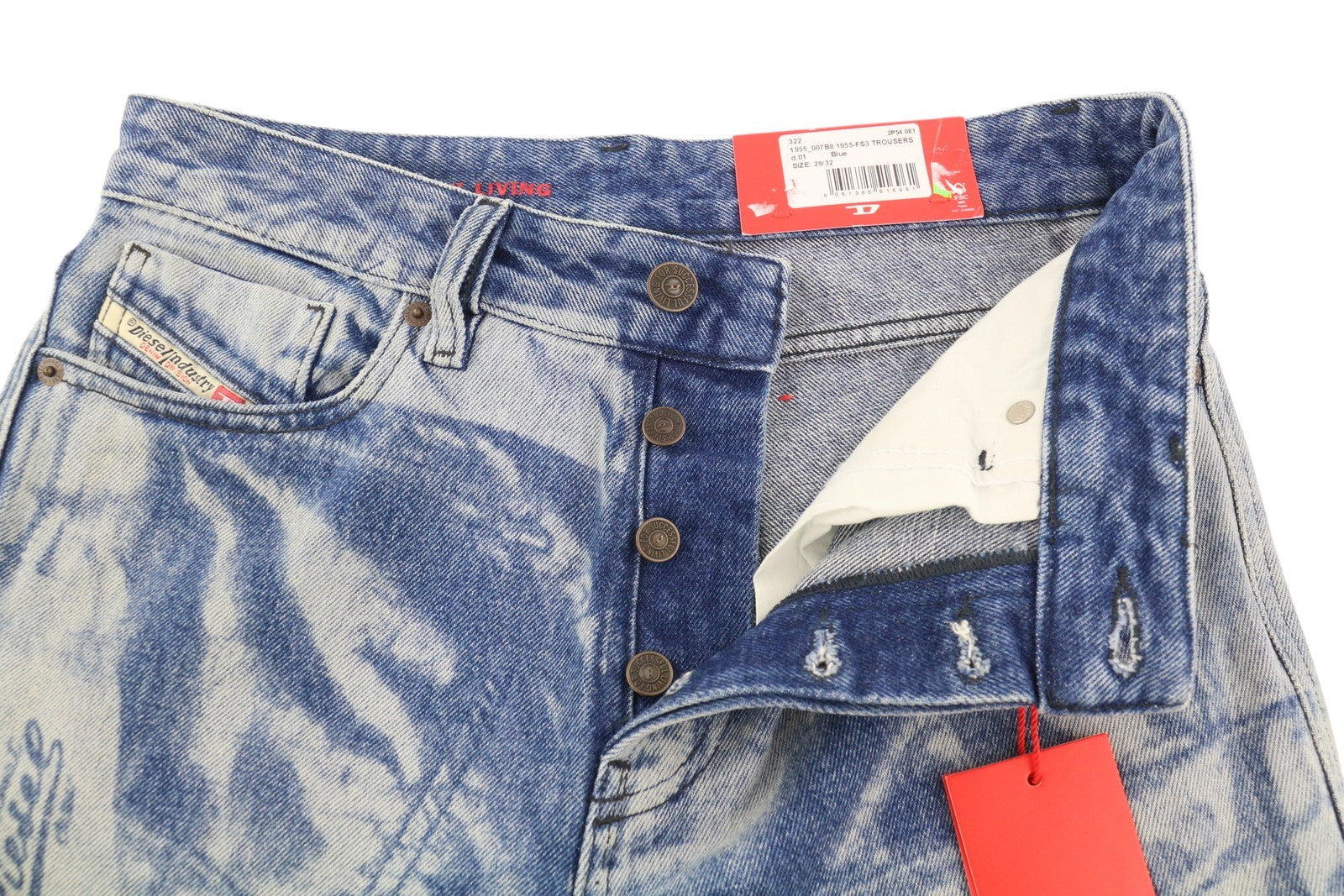 DIESEL 1955-FS3 007B8 Men Jeans W29/L32 Blue Pattern Wash Straight Leg