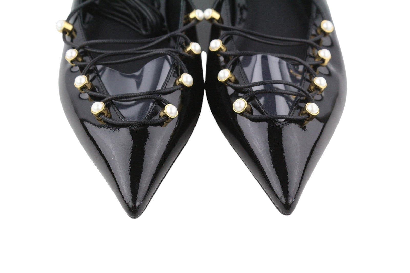 EMPORIO ARMANI Women Flats EU37 Black Patent Beaded Strappy Pointed
