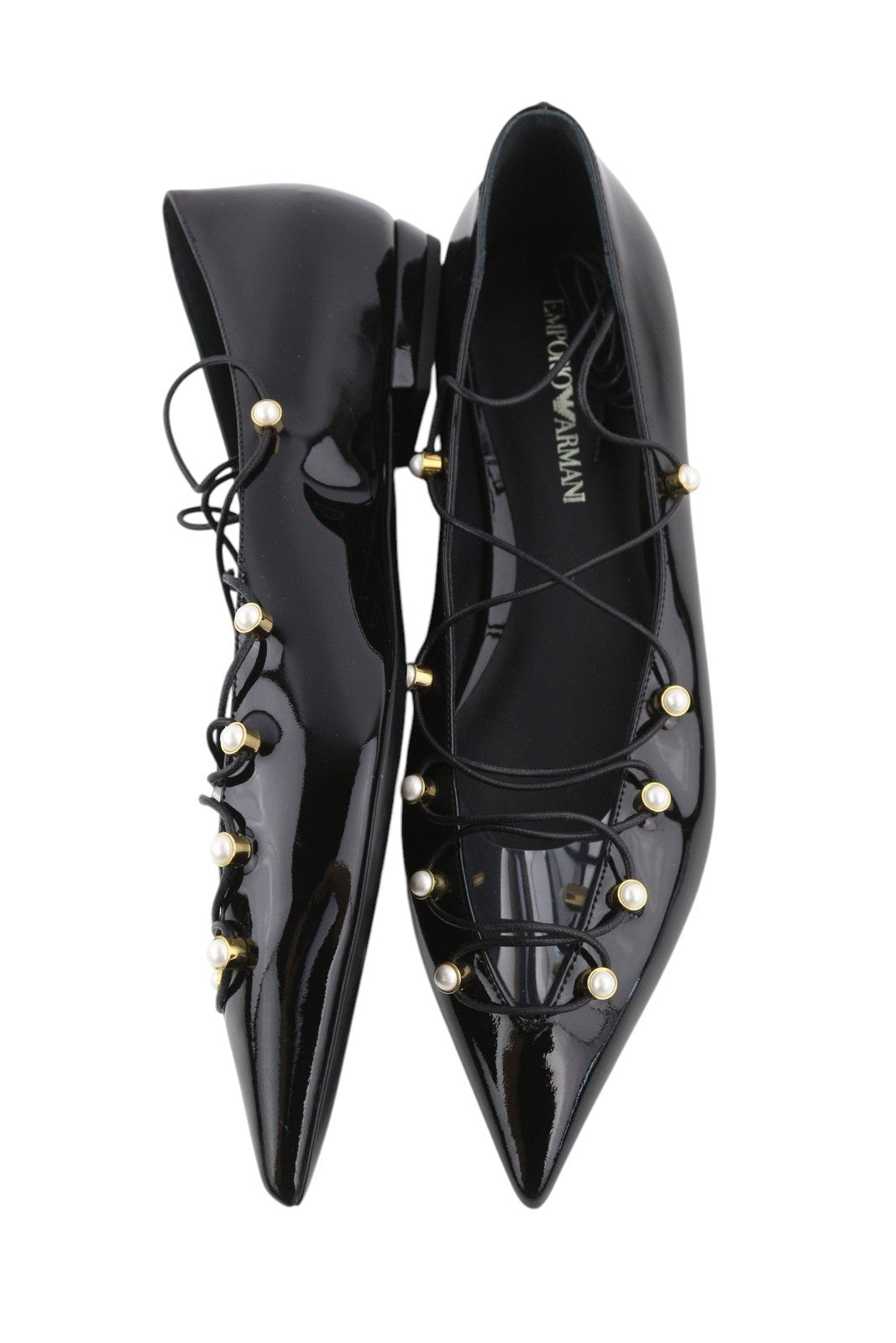 EMPORIO ARMANI Women Flats EU37 Black Patent Beaded Strappy Pointed