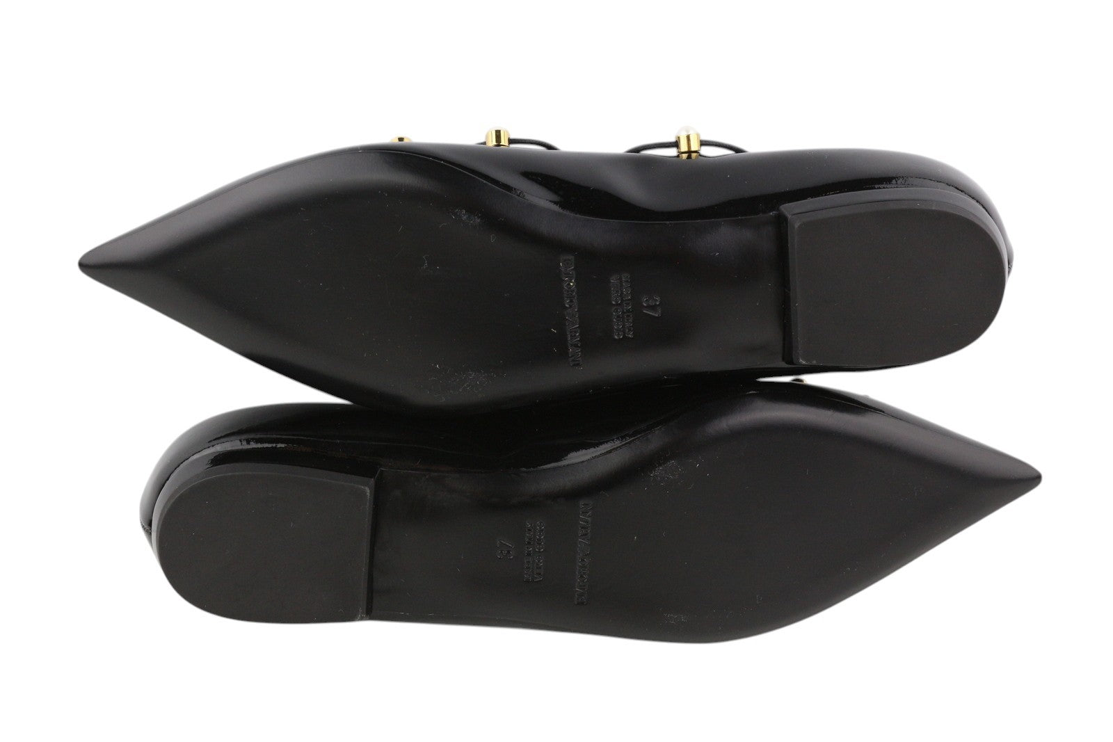 EMPORIO ARMANI Women Flats EU37 Black Patent Beaded Strappy Pointed
