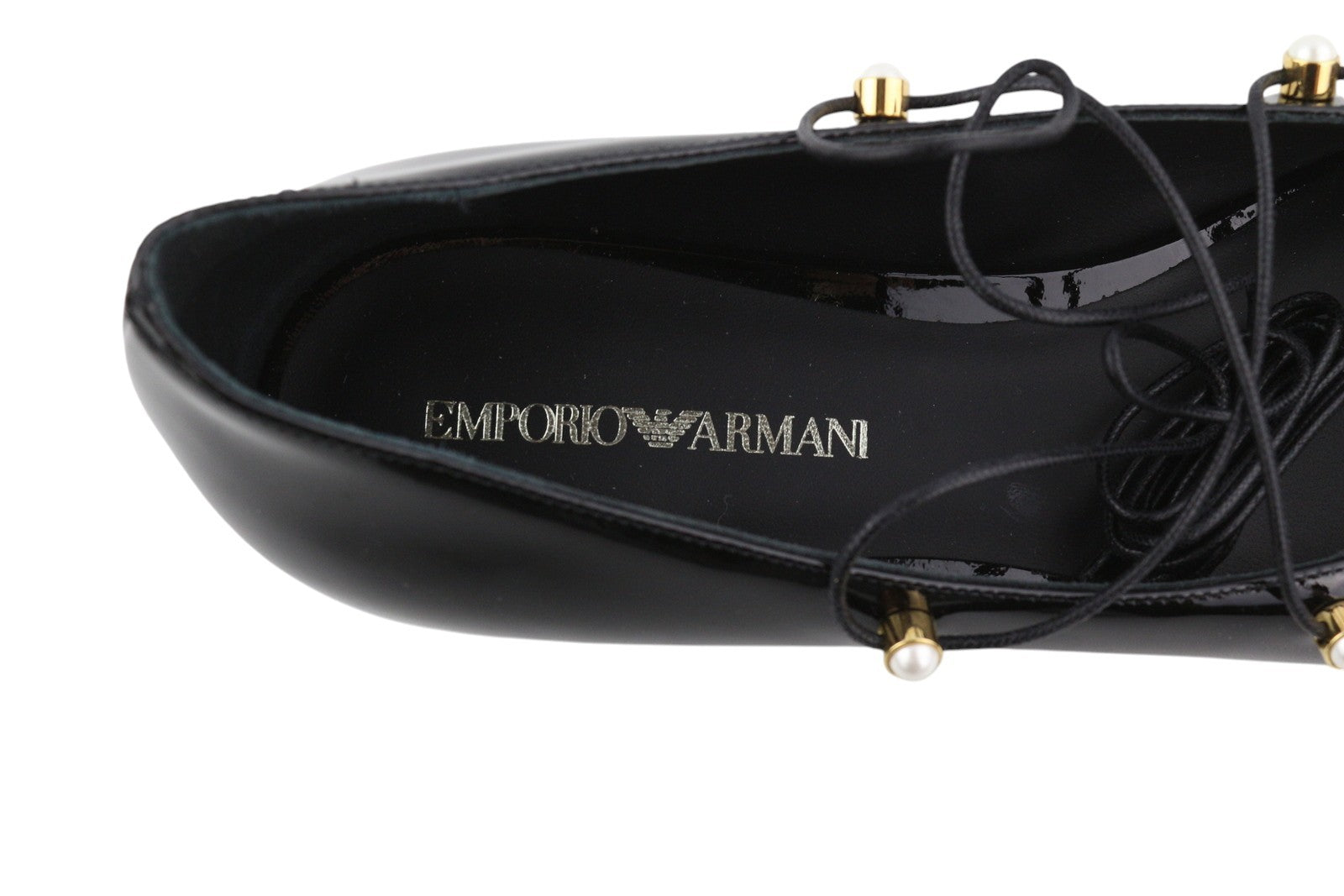 EMPORIO ARMANI Women Flats EU37 Black Patent Beaded Strappy Pointed