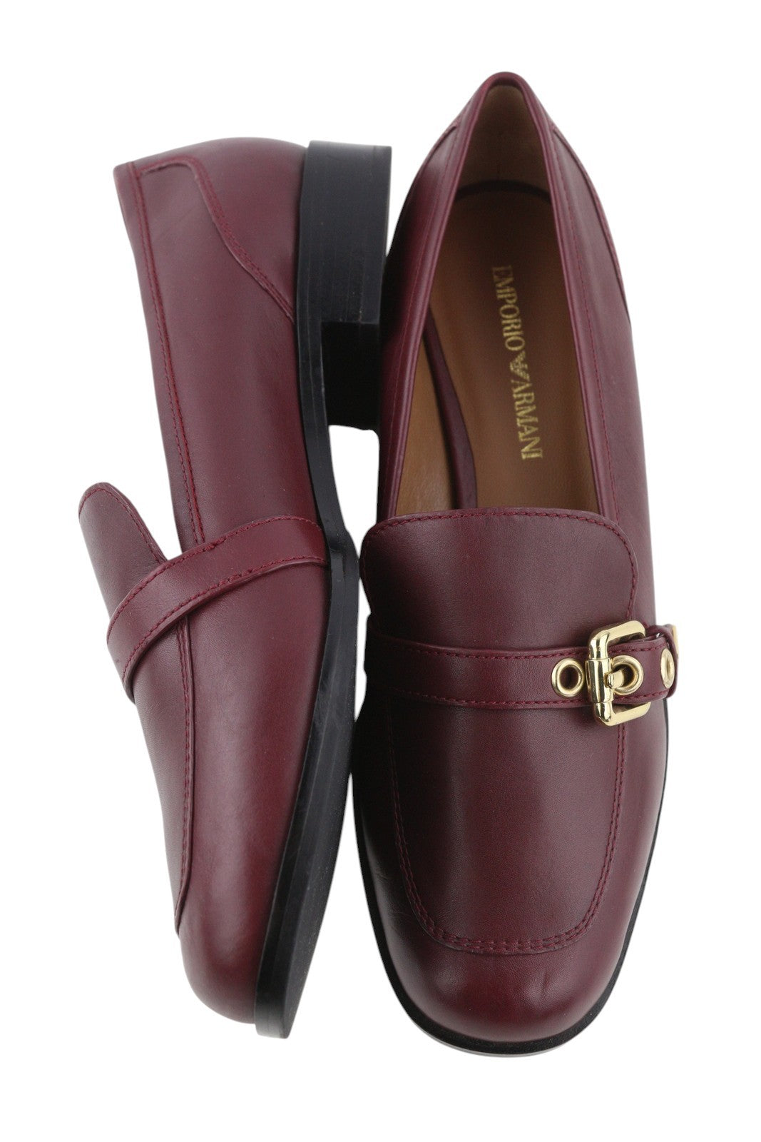 EMPORIO ARMANI Women Flats EU37 Burgundy Leather Buckle Loafer