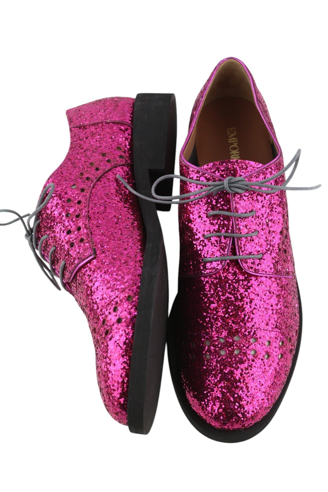 EMPORIO ARMANI Women Shoes EU37 Pink Glitter Leather Lace Up Casual