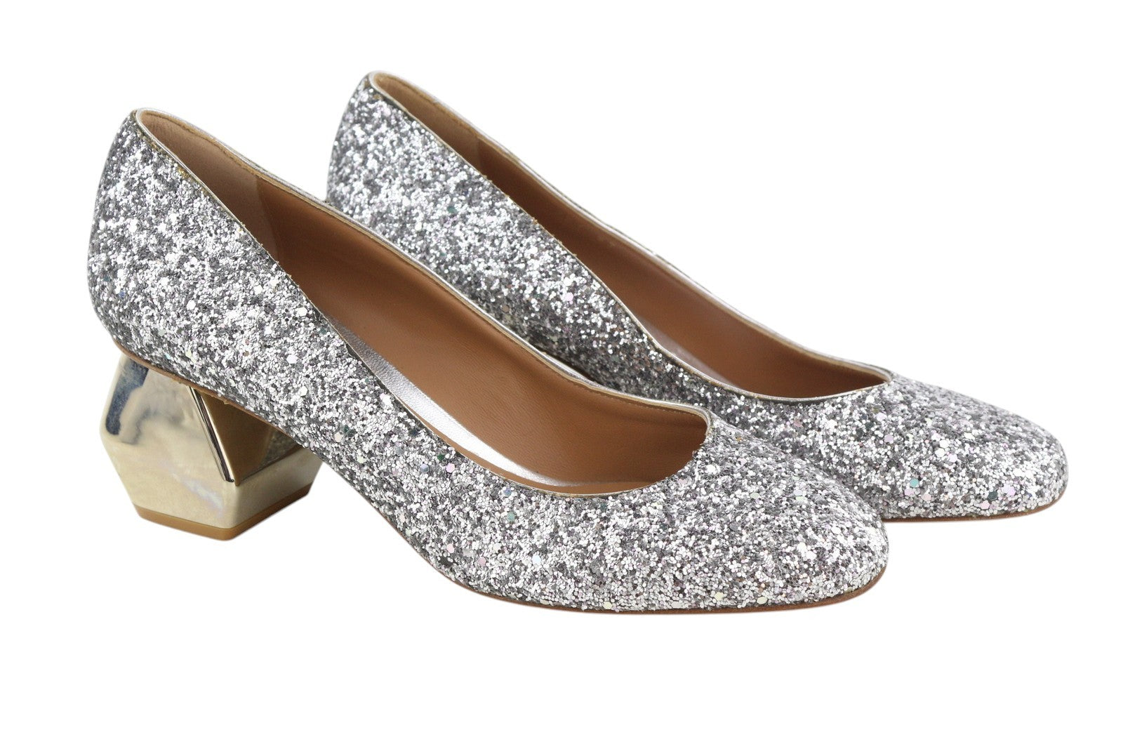 EMPORIO ARMANI Women Heels EU37 Silver Glitter Leather Round Pumps