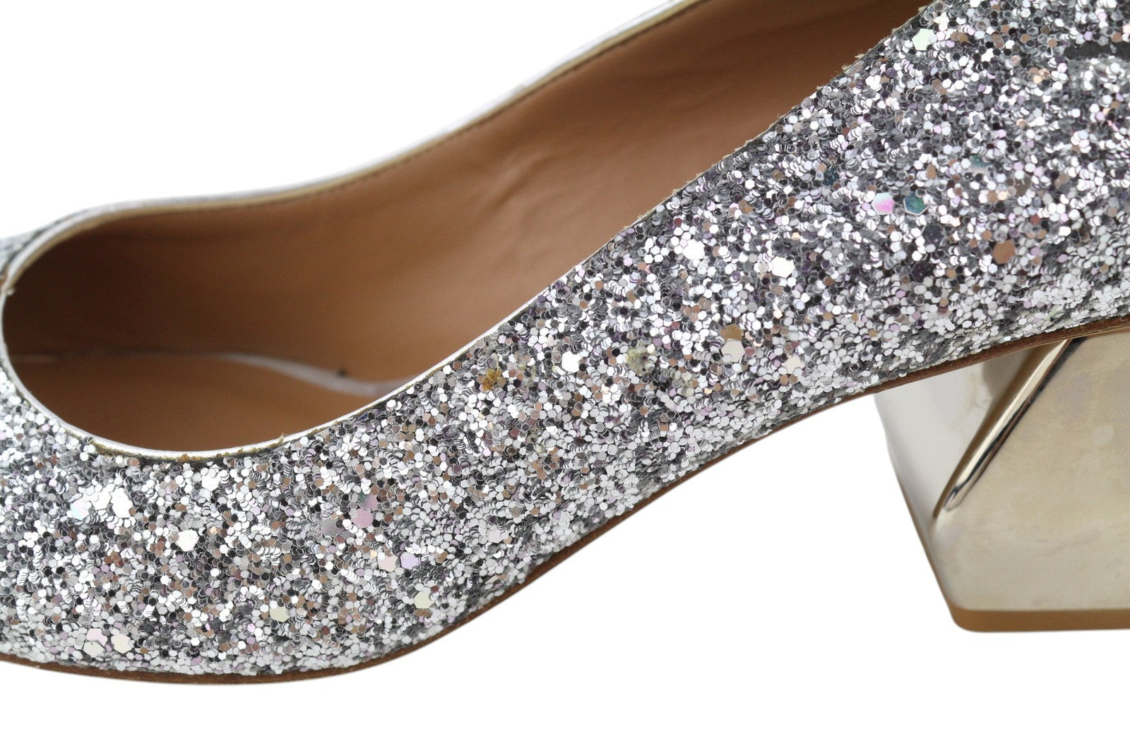 EMPORIO ARMANI Women Heels EU37 Silver Glitter Leather Round Pumps