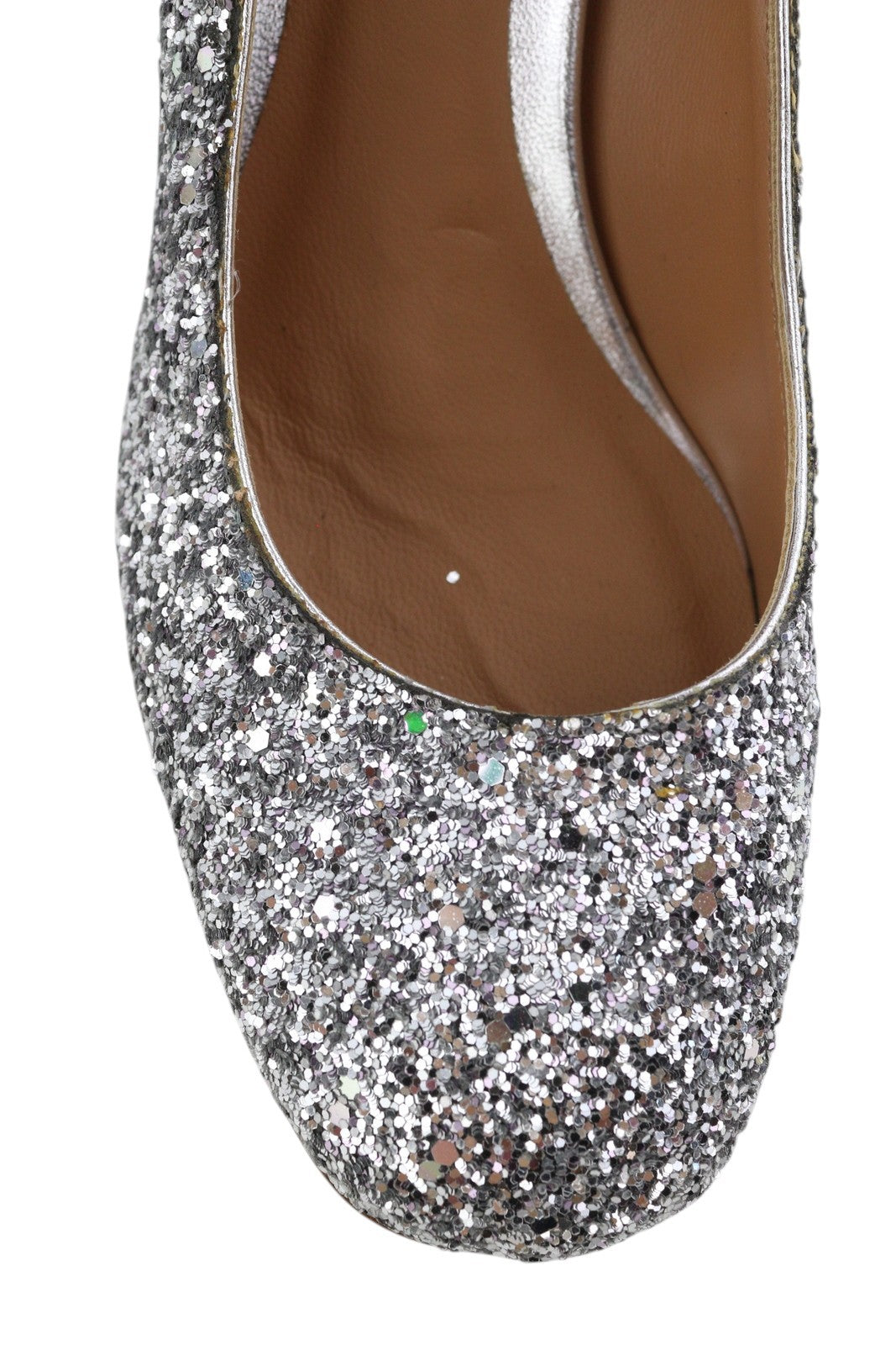 EMPORIO ARMANI Women Heels EU37 Silver Glitter Leather Round Pumps