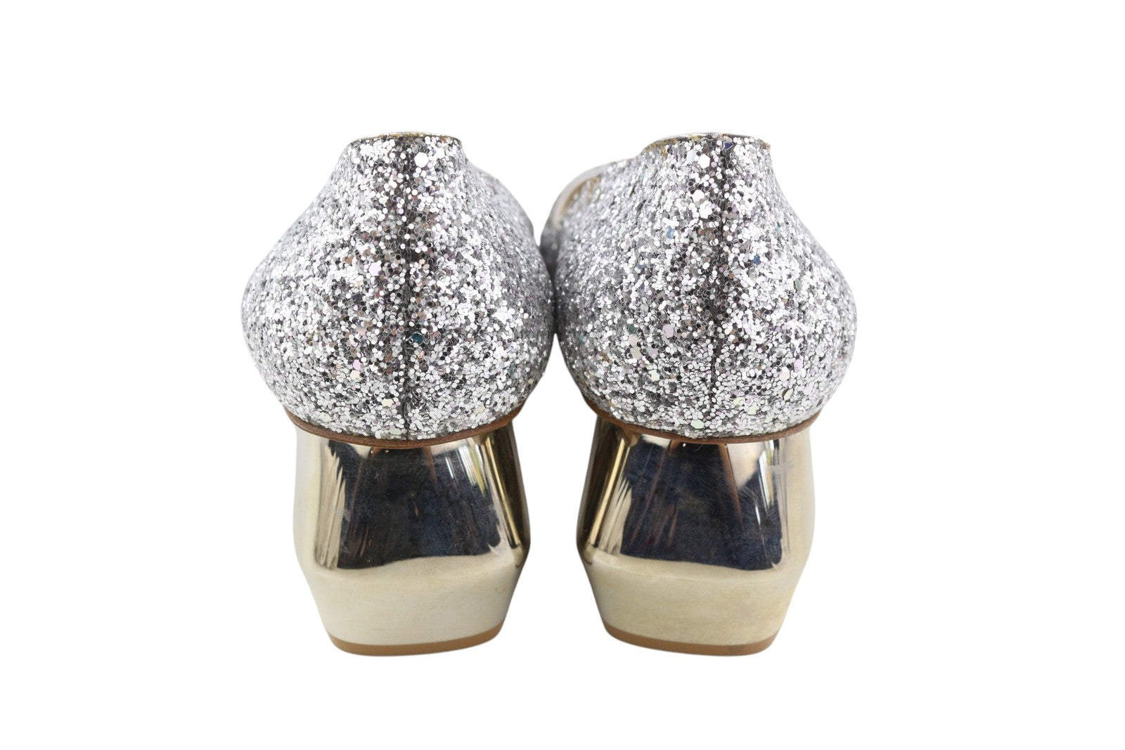 EMPORIO ARMANI Women Heels EU37 Silver Glitter Leather Round Pumps