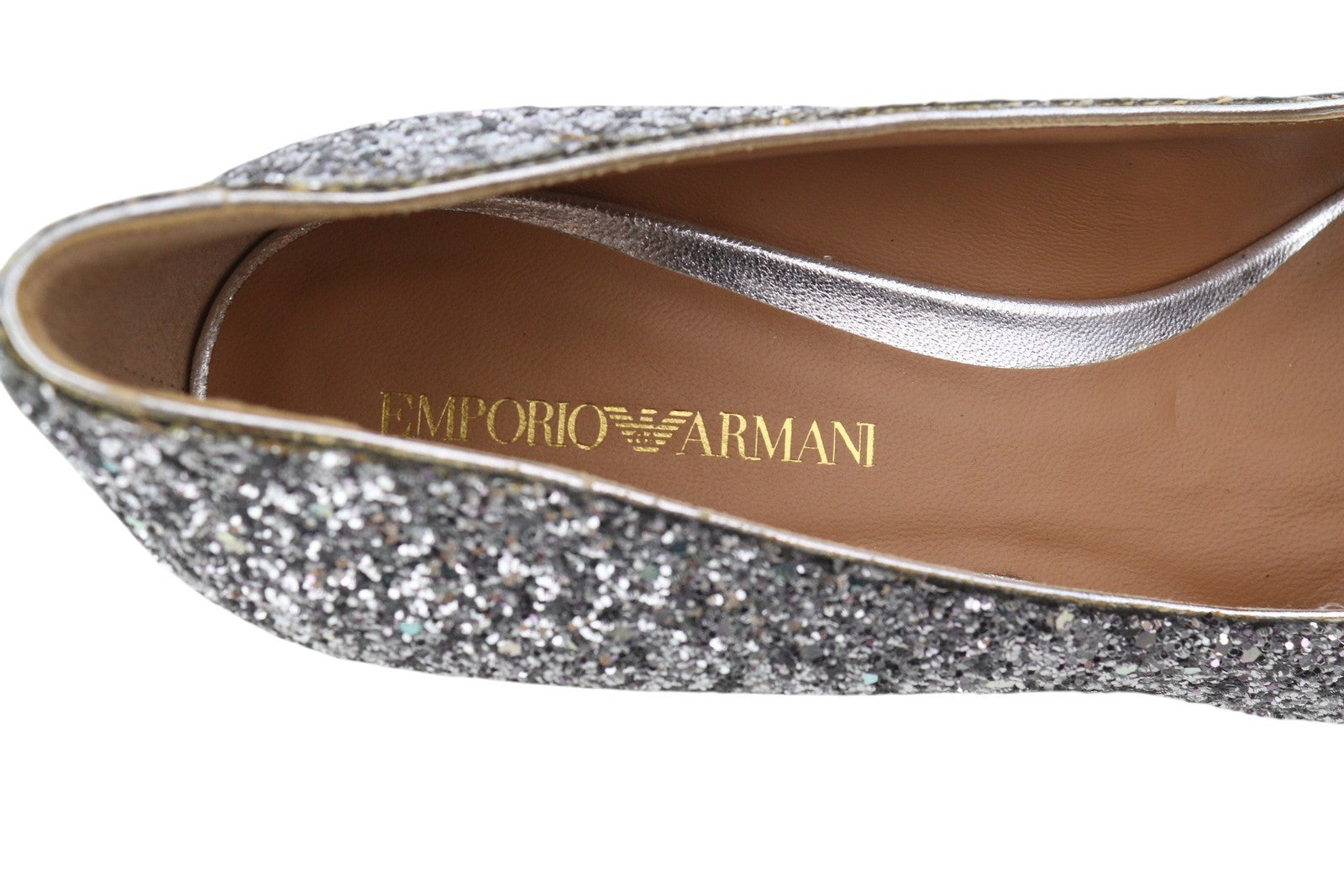 EMPORIO ARMANI Women Heels EU37 Silver Glitter Leather Round Pumps