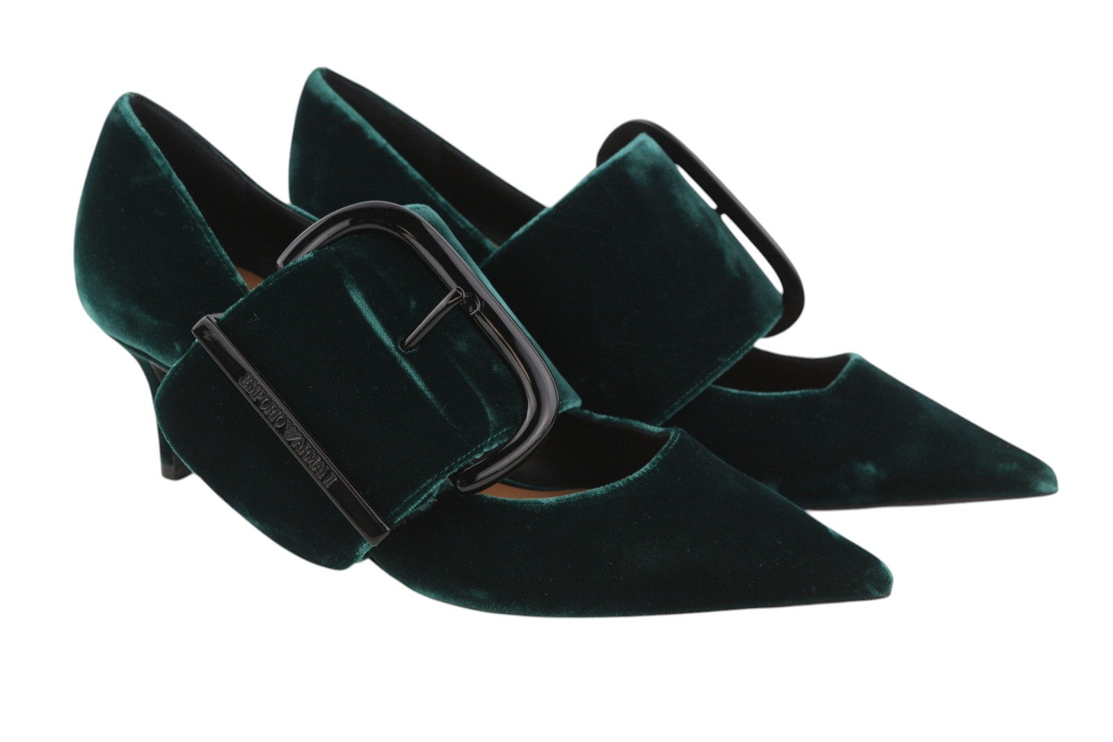 EMPORIO ARMANI Women Heels EU37 Dark Green Velvet Buckle Pointed