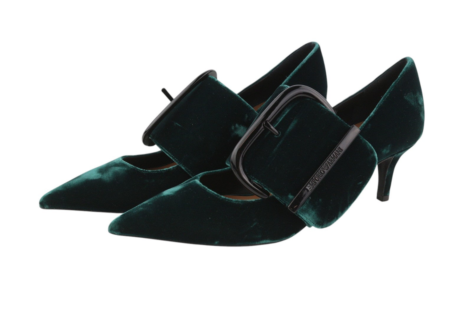 EMPORIO ARMANI Women Heels EU37 Dark Green Velvet Buckle Pointed