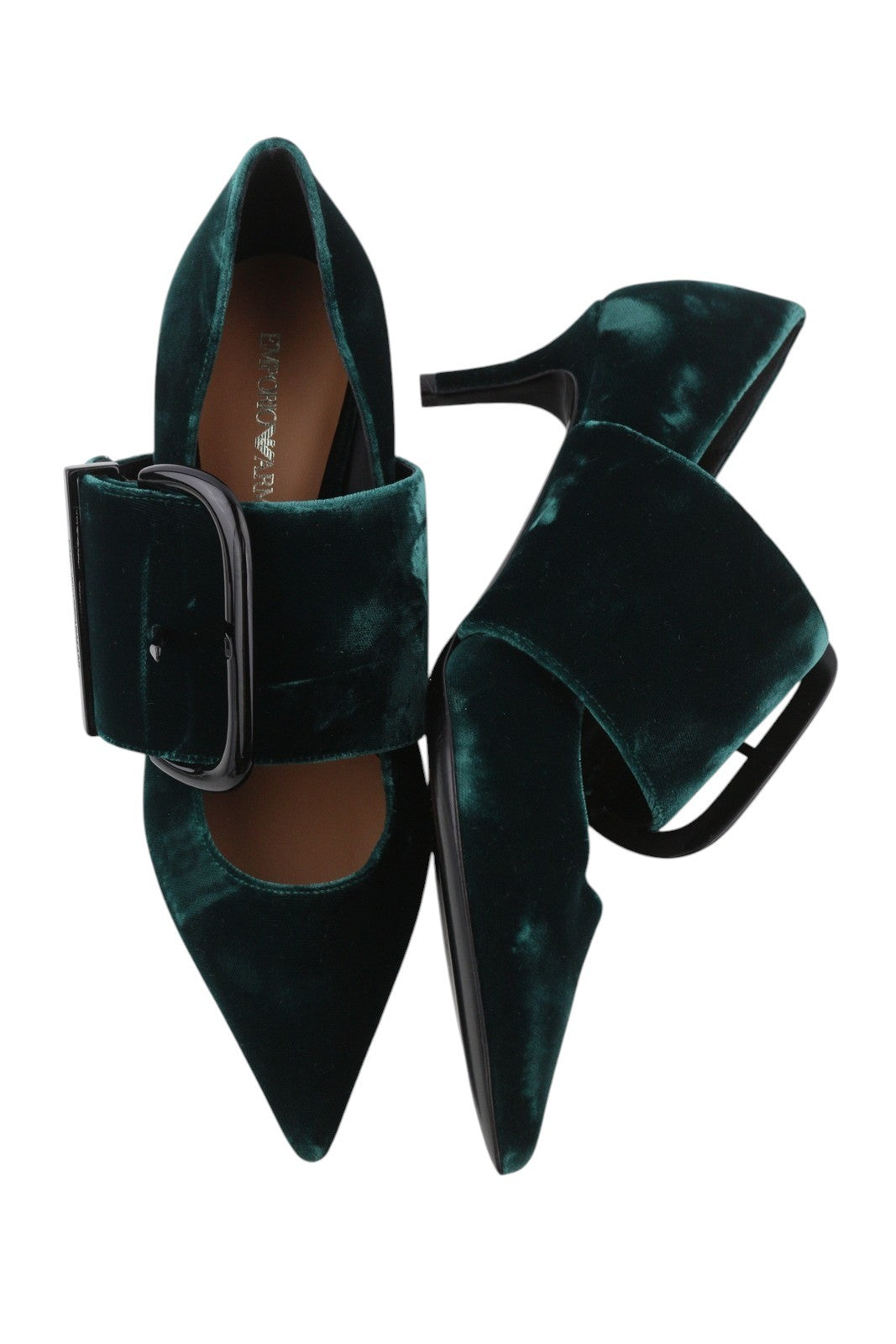 EMPORIO ARMANI Women Heels EU37 Dark Green Velvet Buckle Pointed