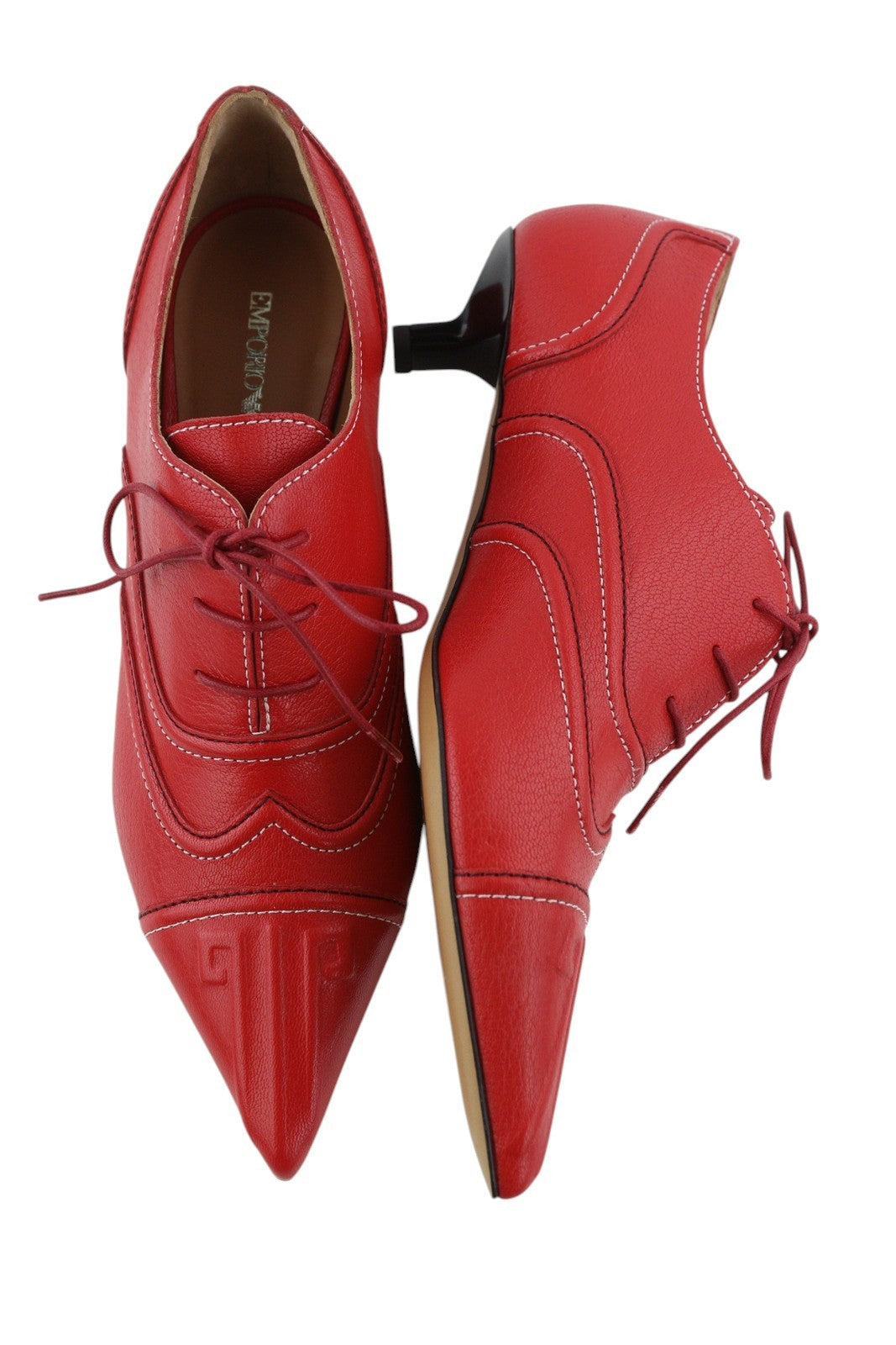 EMPORIO ARMANI Women Heels EU37 Red Leather Pointed Lace Imitation