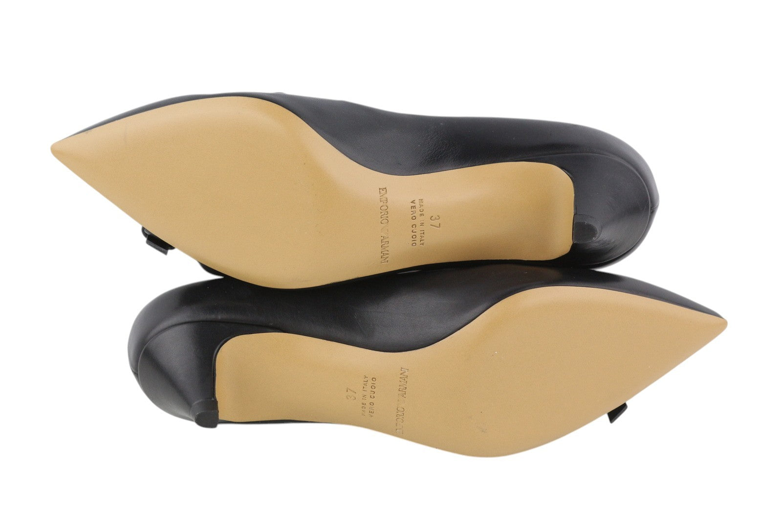 EMPORIO ARMANI Women Heels EU37 Black Leather Gold Buckle Pointed