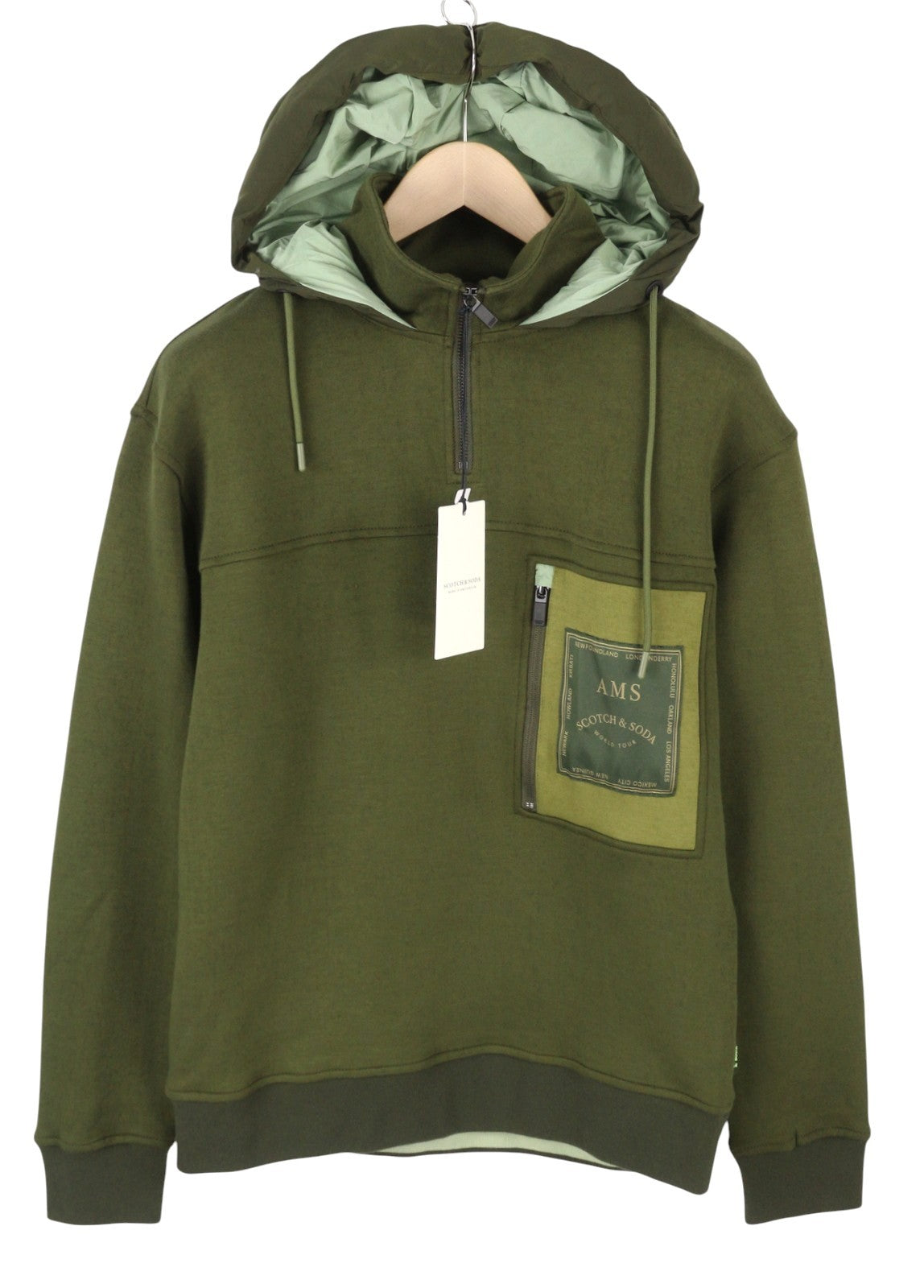 SCOTCH & SODA Men Hoodie M Green Padded Hood Patch Pocket Half Zip Pull On