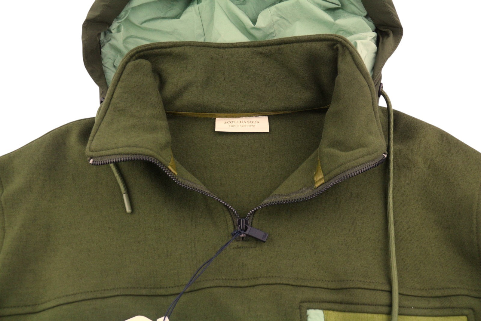 SCOTCH & SODA Men Hoodie M Green Padded Hood Patch Pocket Half Zip Pull On