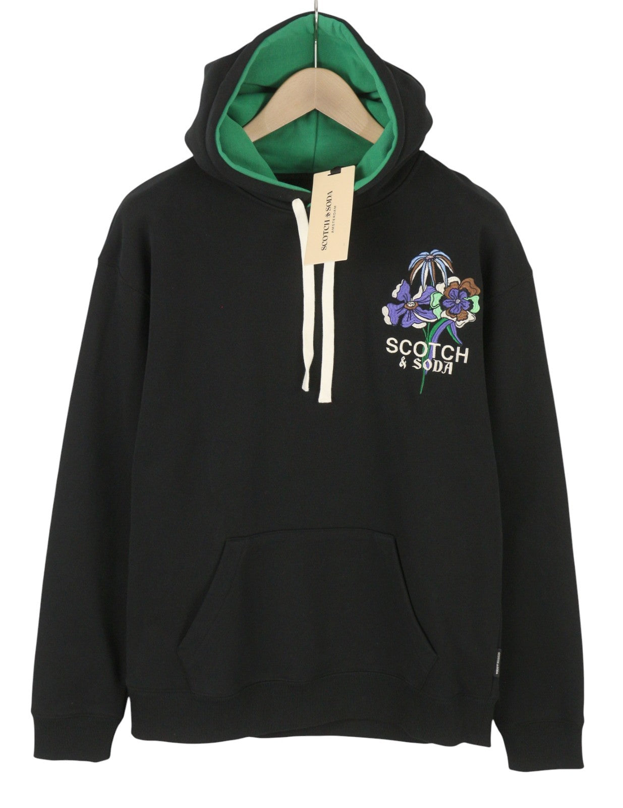 SCOTCH & SODA Men Hoodie M Black Cotton Embroidered Kangaroo Pocket Pull On