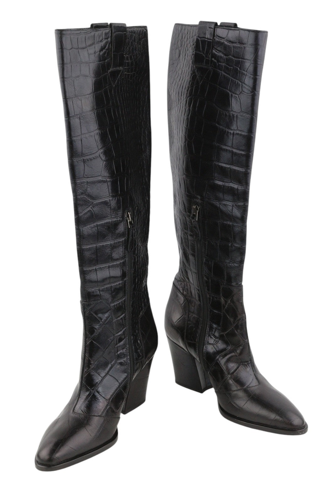 EMPORIO ARMANI Women Boots EU37 Black Leather High Heel Pointed