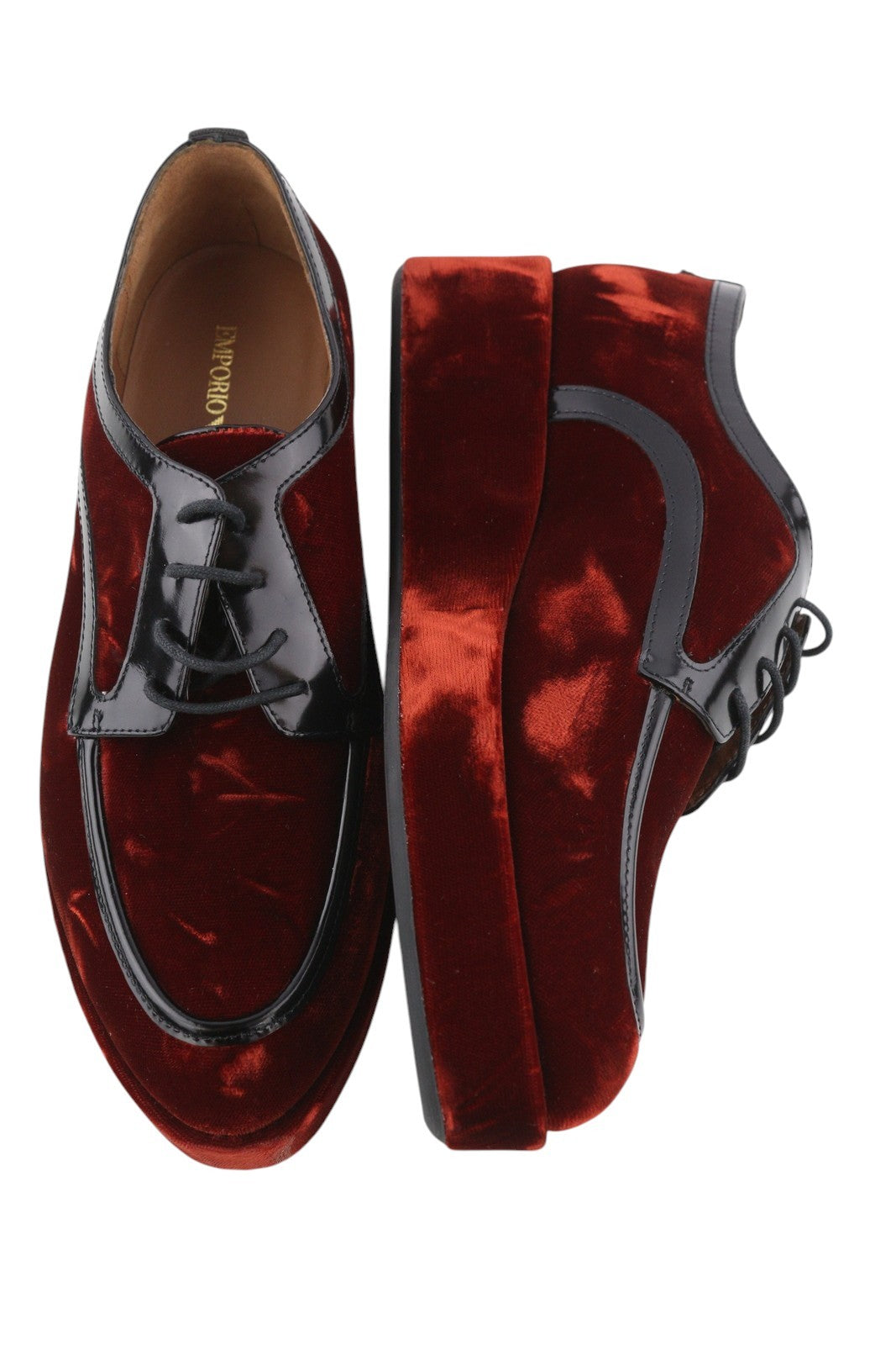 EMPORIO ARMANI Women Shoes EU37 Burgundy Velvet Platform Lace Up