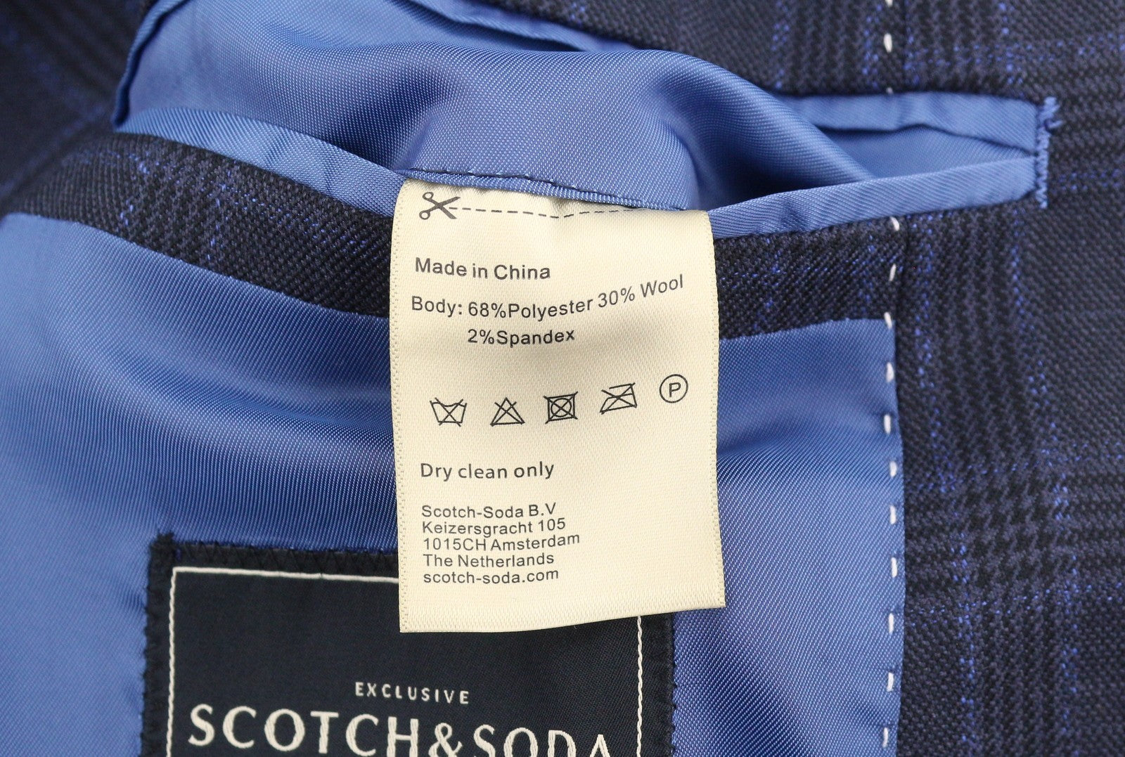 SCOTCH & SODA Men Blazer M Navy Blue Check Wool Blend Peak Lapel Single-Breasted