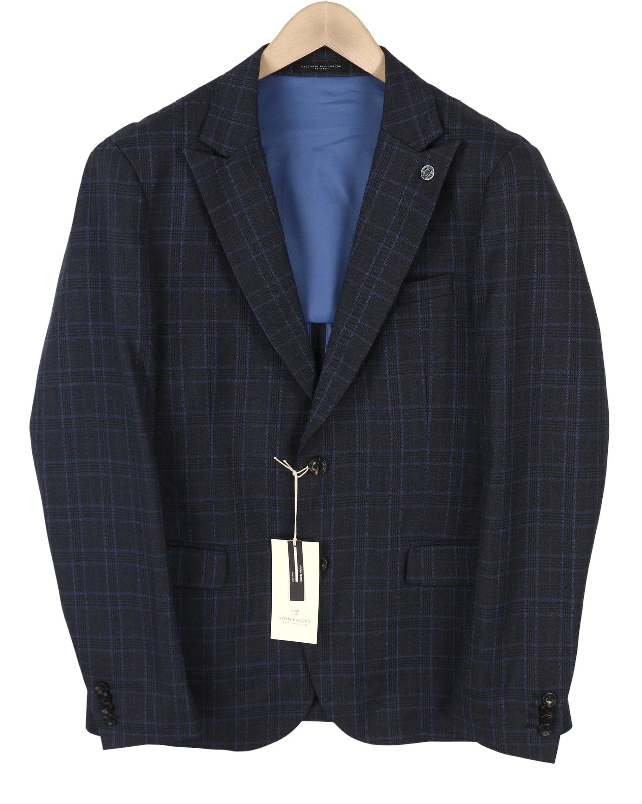 SCOTCH & SODA Men Blazer M Navy Blue Check Wool Blend Peak Lapel Single-Breasted