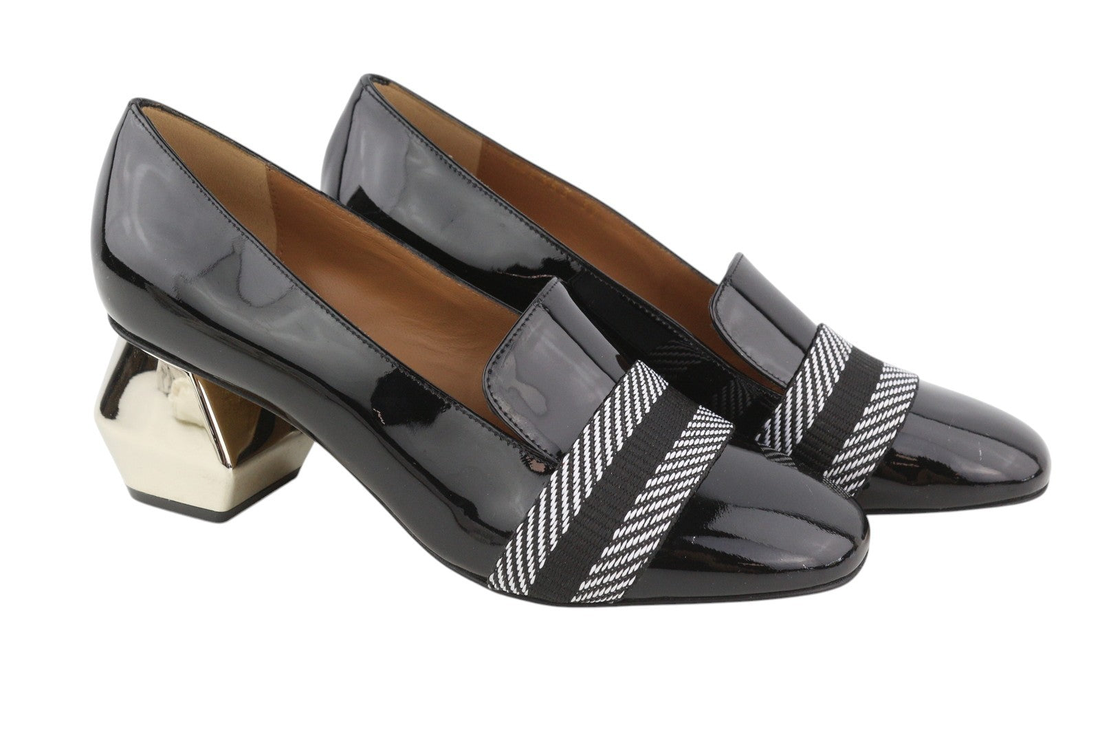 EMPORIO ARMANI Women Heels EU37 Black Patent Square Toe Pattern Detail