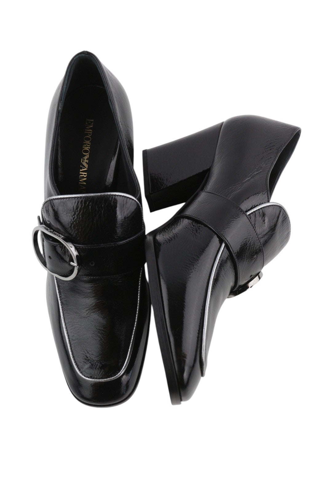 EMPORIO ARMANI Women Heels EU37 Black Patent Square Toe Buckle