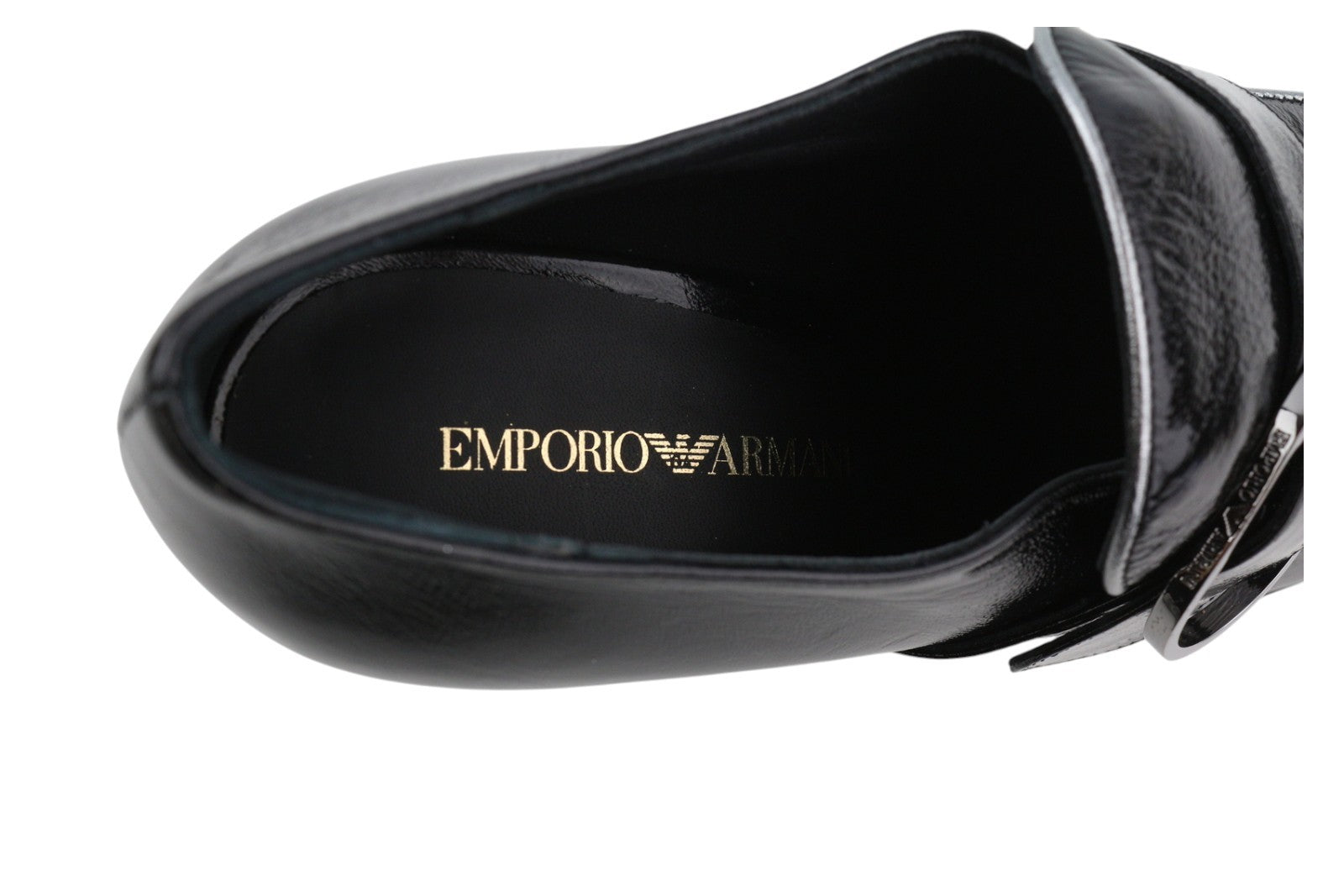 EMPORIO ARMANI Women Heels EU37 Black Patent Square Toe Buckle