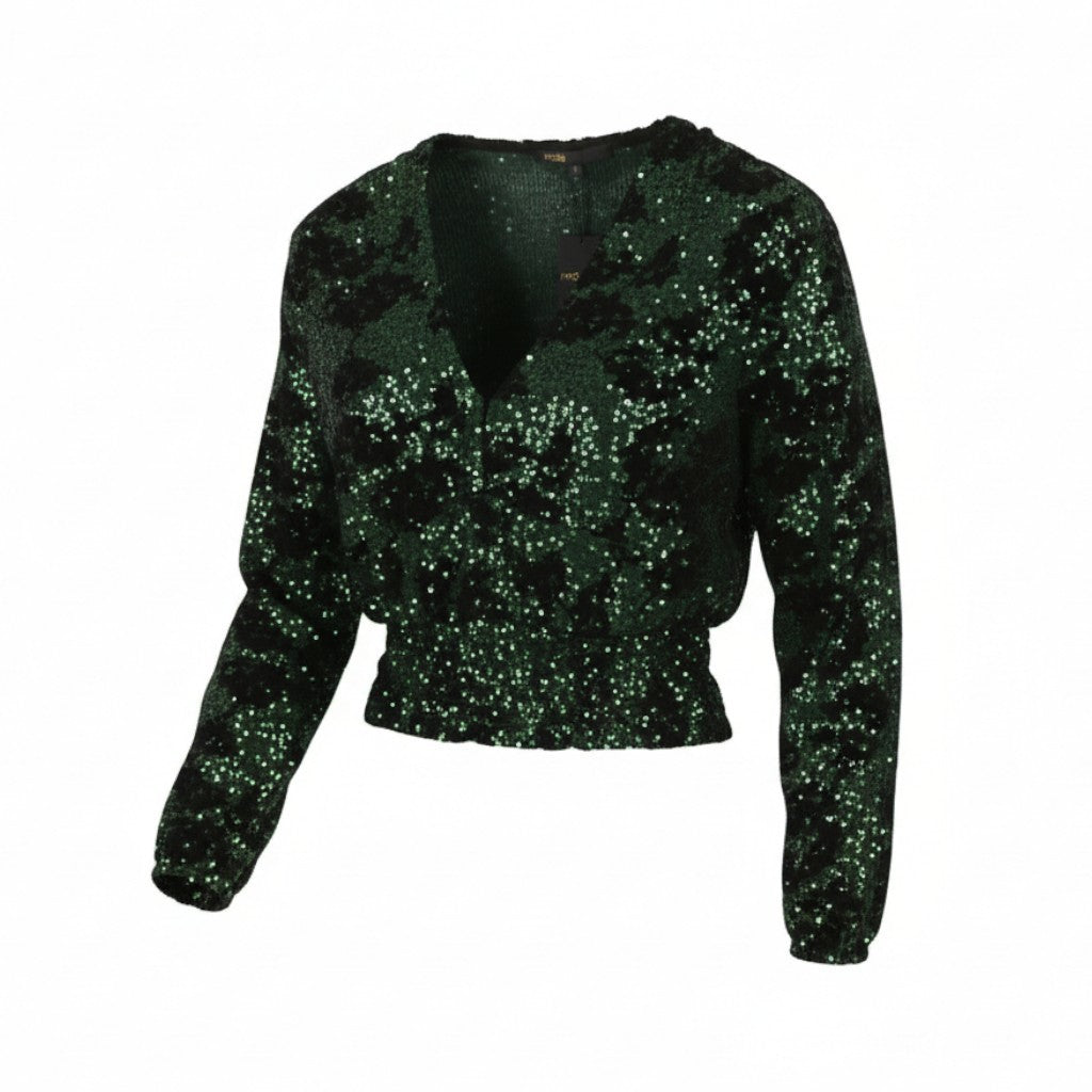 MAJE Liletie Women Blouse 1 S Green Fitted Shiny Sequined Balloon Sleeves RRP189