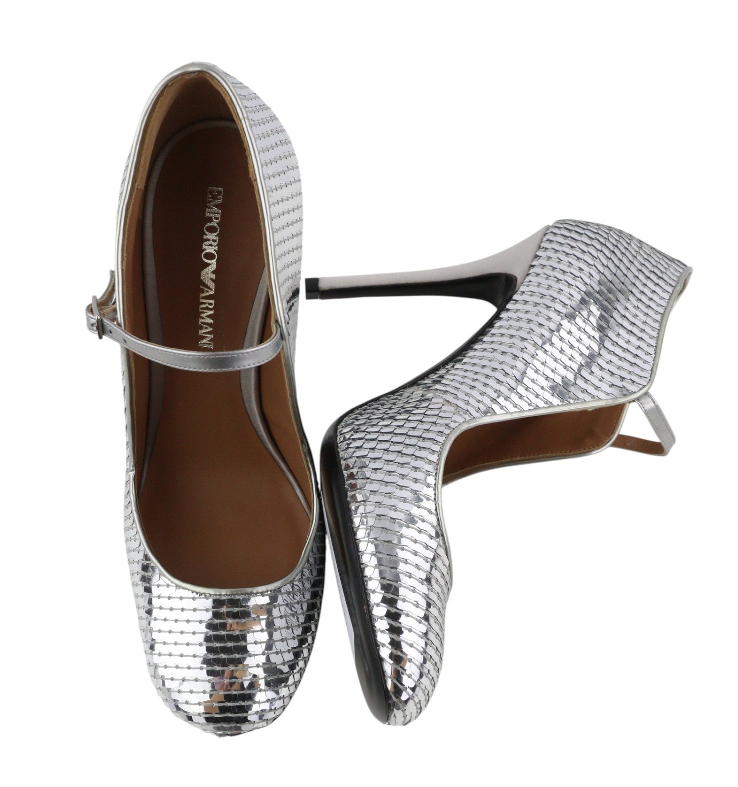 EMPORIO ARMANI X3E349 Women Heels EU37 Silver Sequin Round Pumps