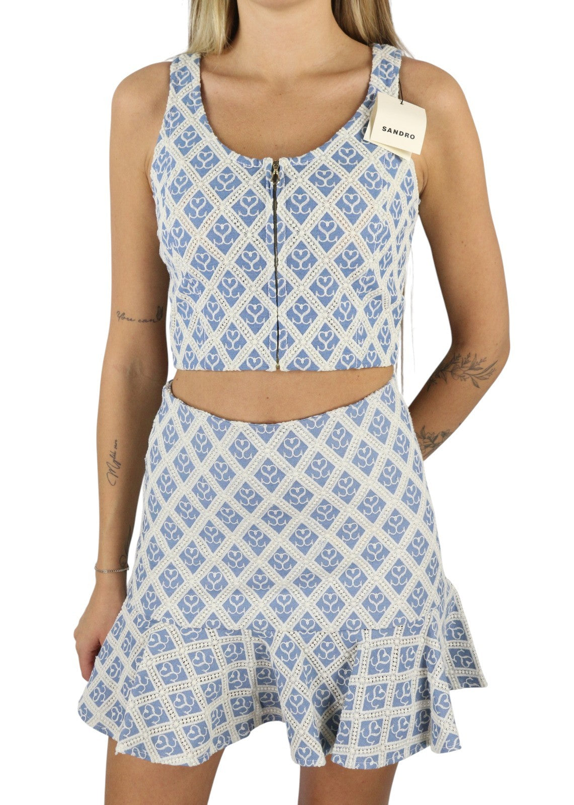 SANDRO Mafalda Women Set 36 S Blue Embroidered Guipure Cropped 2 Piece