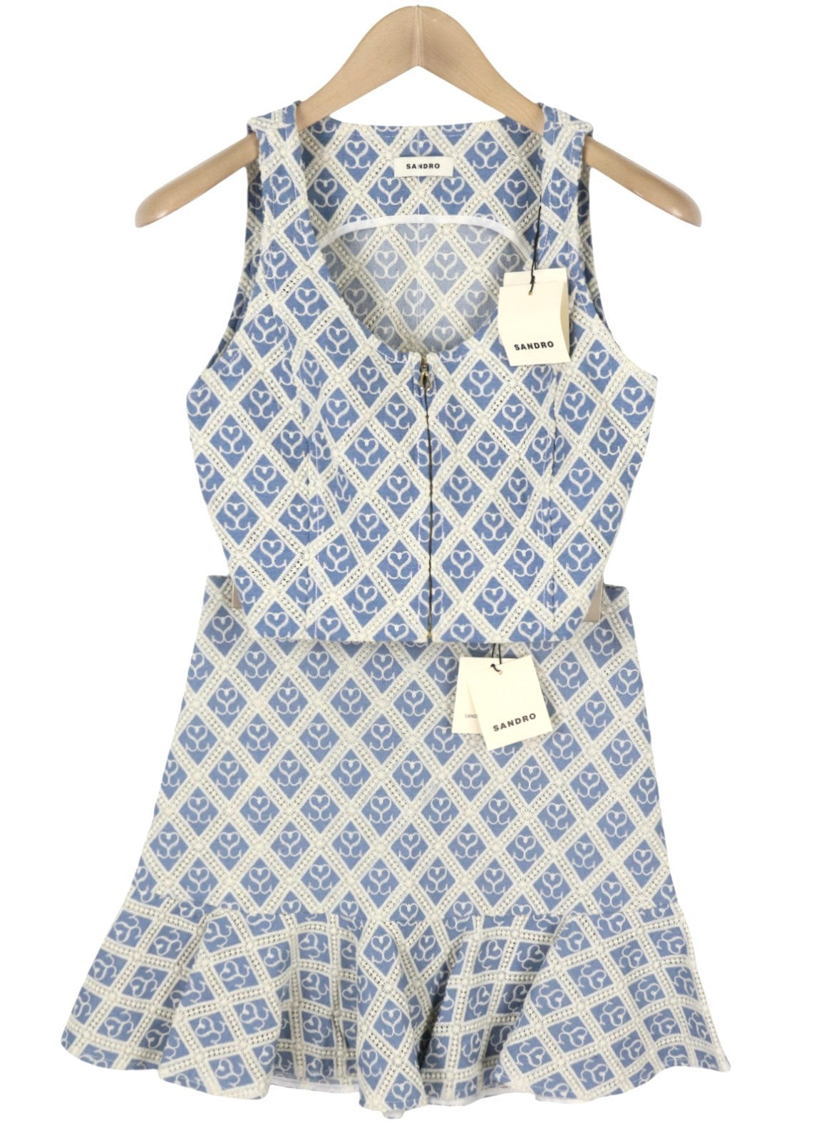 SANDRO Mafalda Women Set 36 S Blue Embroidered Guipure Cropped 2 Piece