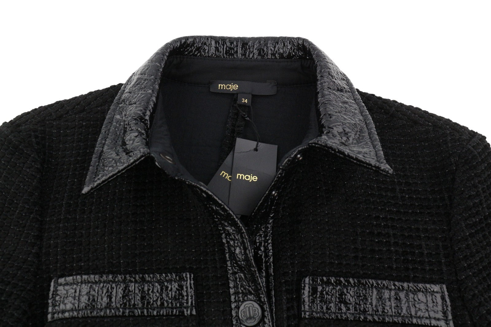 MAJE Rinili Women Dress 34 XS Black Contrast Trim Shiny 3/4 Sleeve RRP567