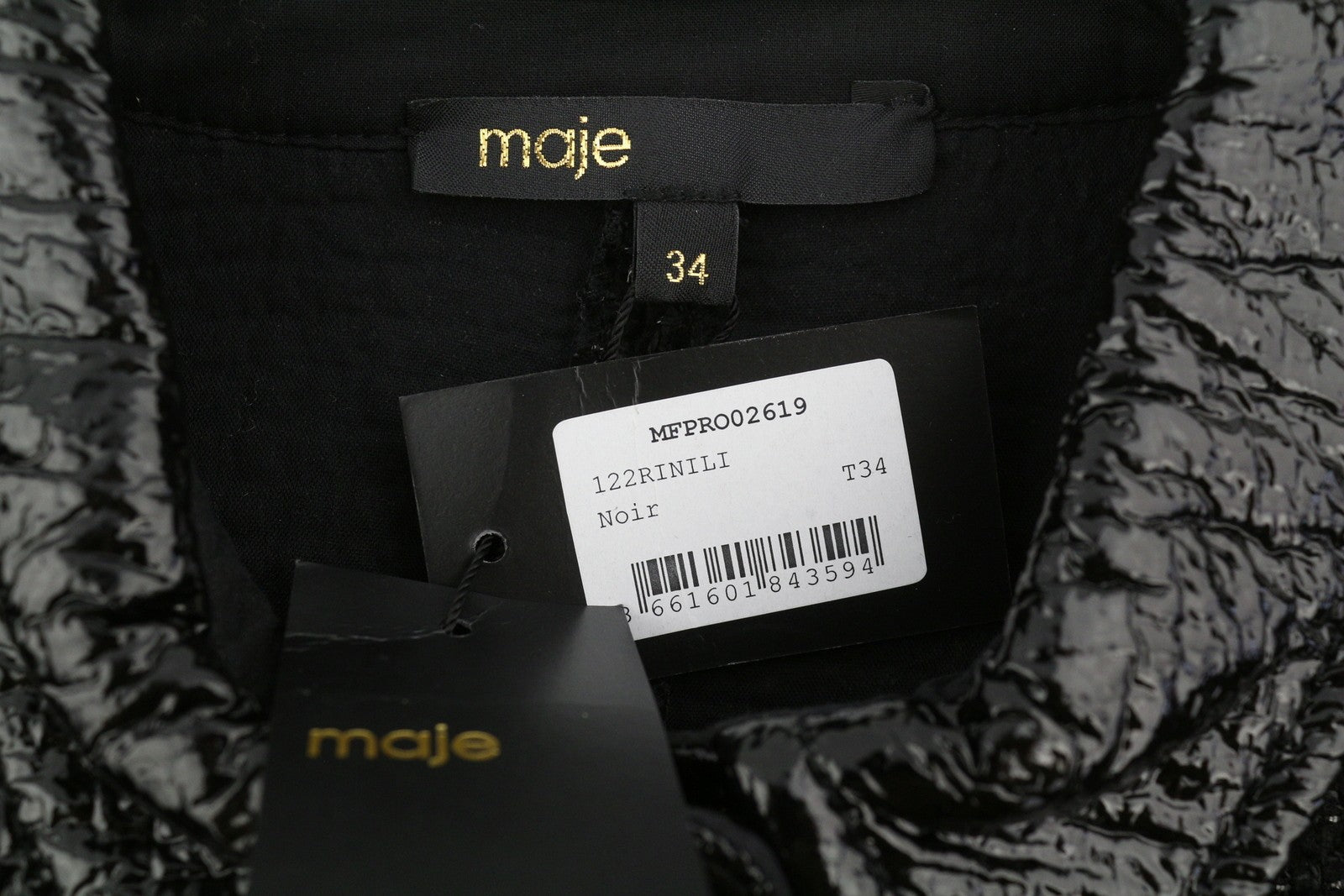 MAJE Rinili Women Dress 34 XS Black Contrast Trim Shiny 3/4 Sleeve RRP567