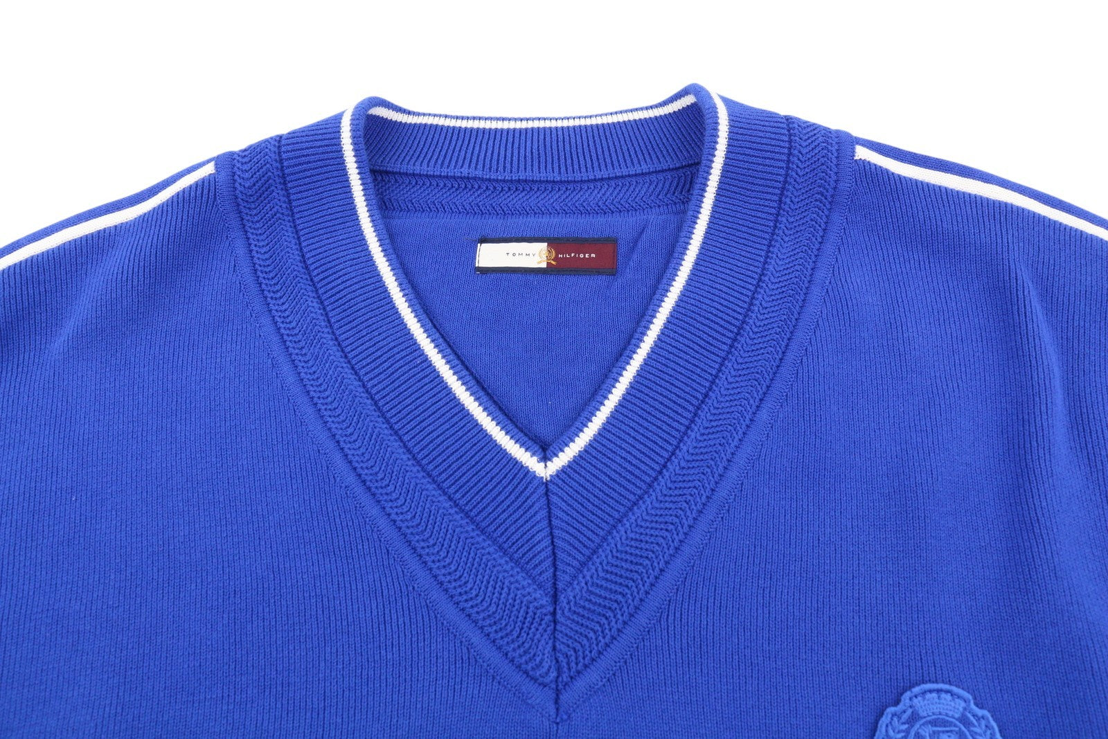 TOMMY HILFIGER V-Neck Cricket Men Jumper XL Blue Knit Logo Pullover