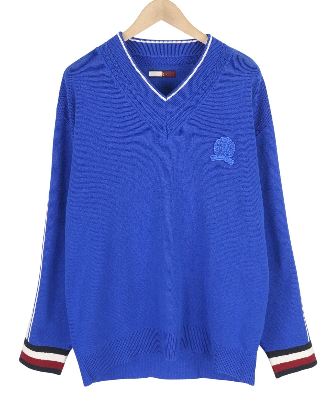 TOMMY HILFIGER V-Neck Cricket Men Jumper M Blue Knit Logo Pullover