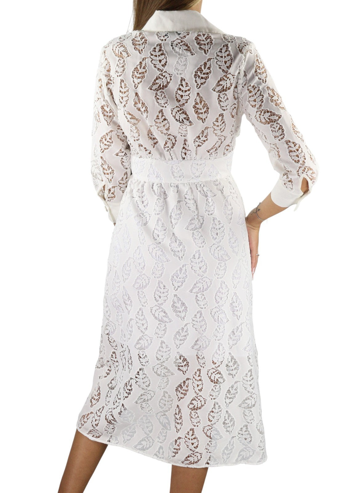SANDRO Women Dress 36 S White Perforated Lace Snap Buttons 3/4 Sleeves