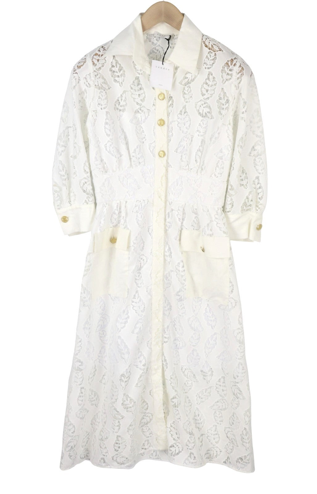 SANDRO Women Dress 36 S White Perforated Lace Snap Buttons 3/4 Sleeves