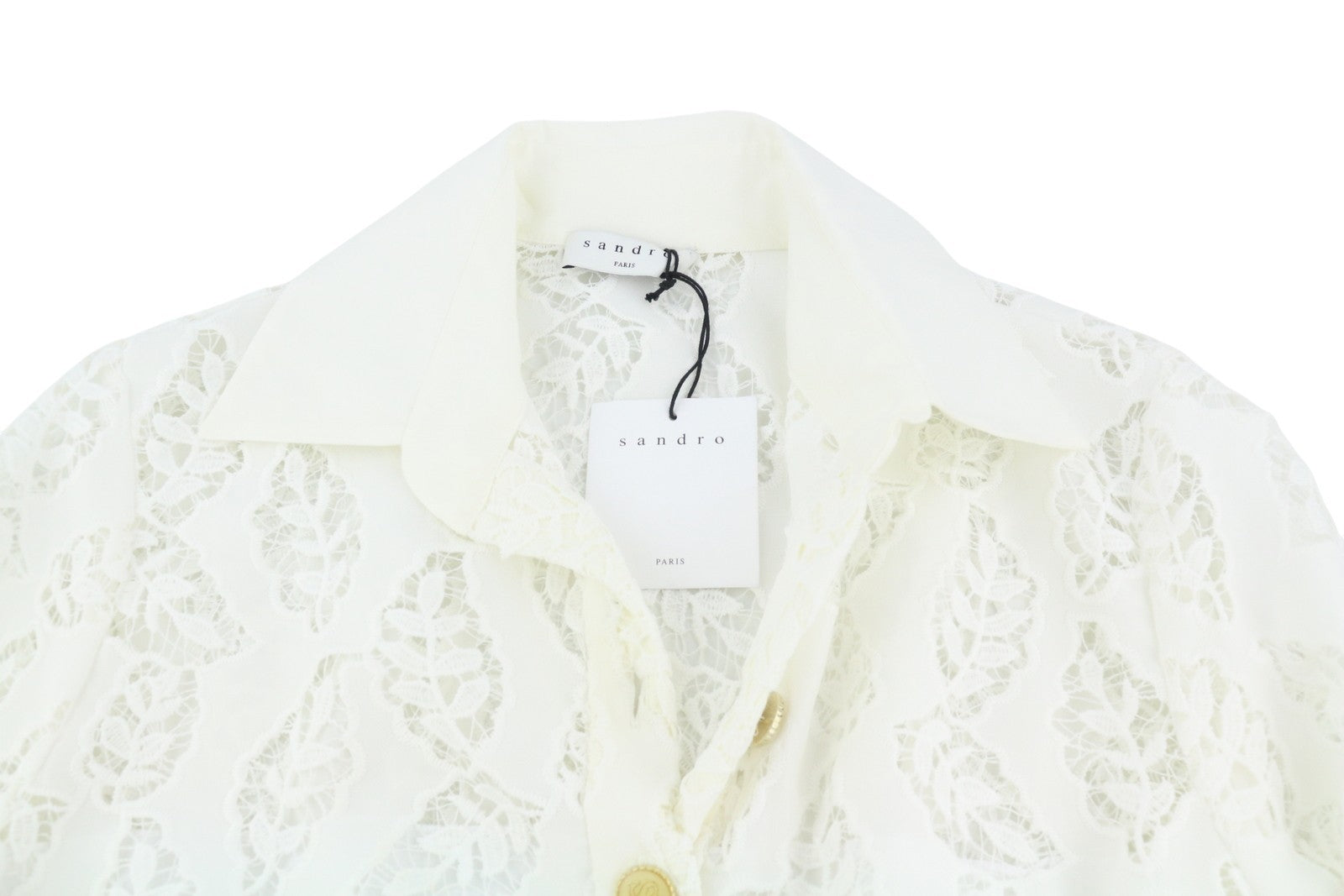 SANDRO Women Dress 36 S White Perforated Lace Snap Buttons 3/4 Sleeves