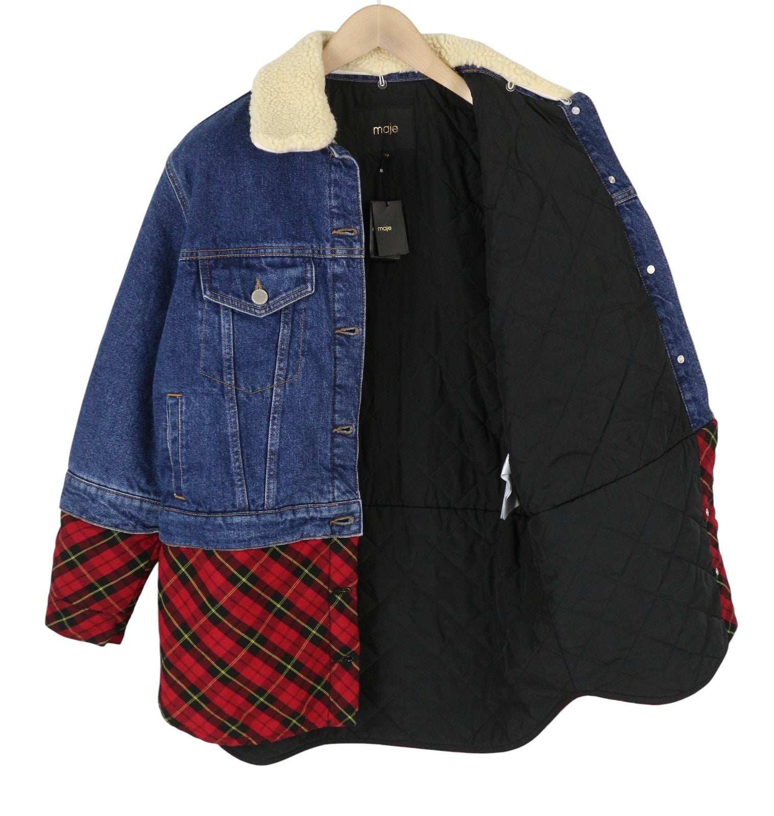 MAJE Bergamo Women Jacket 40 L Blue Button-Up Check Faux Underlay Trucker RRP295