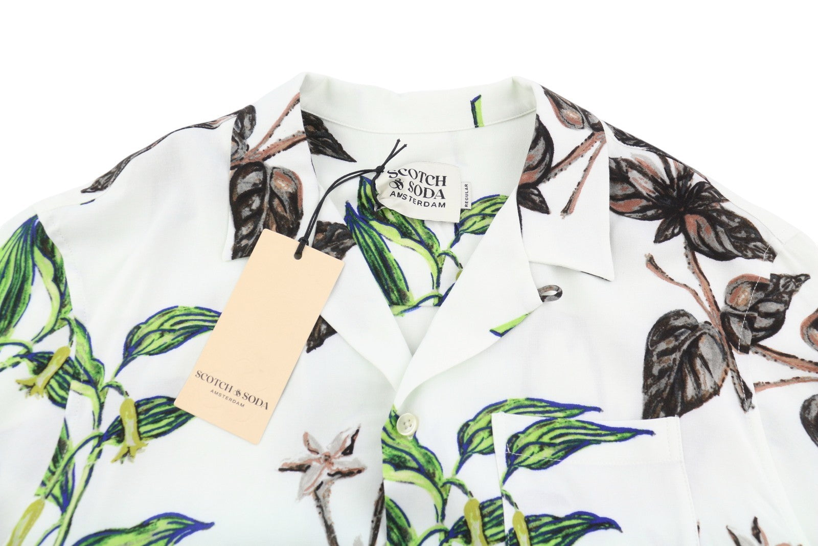 SCOTCH & SODA Men Shirt M White Leafs Print Button-Up Notch Short Sleeve