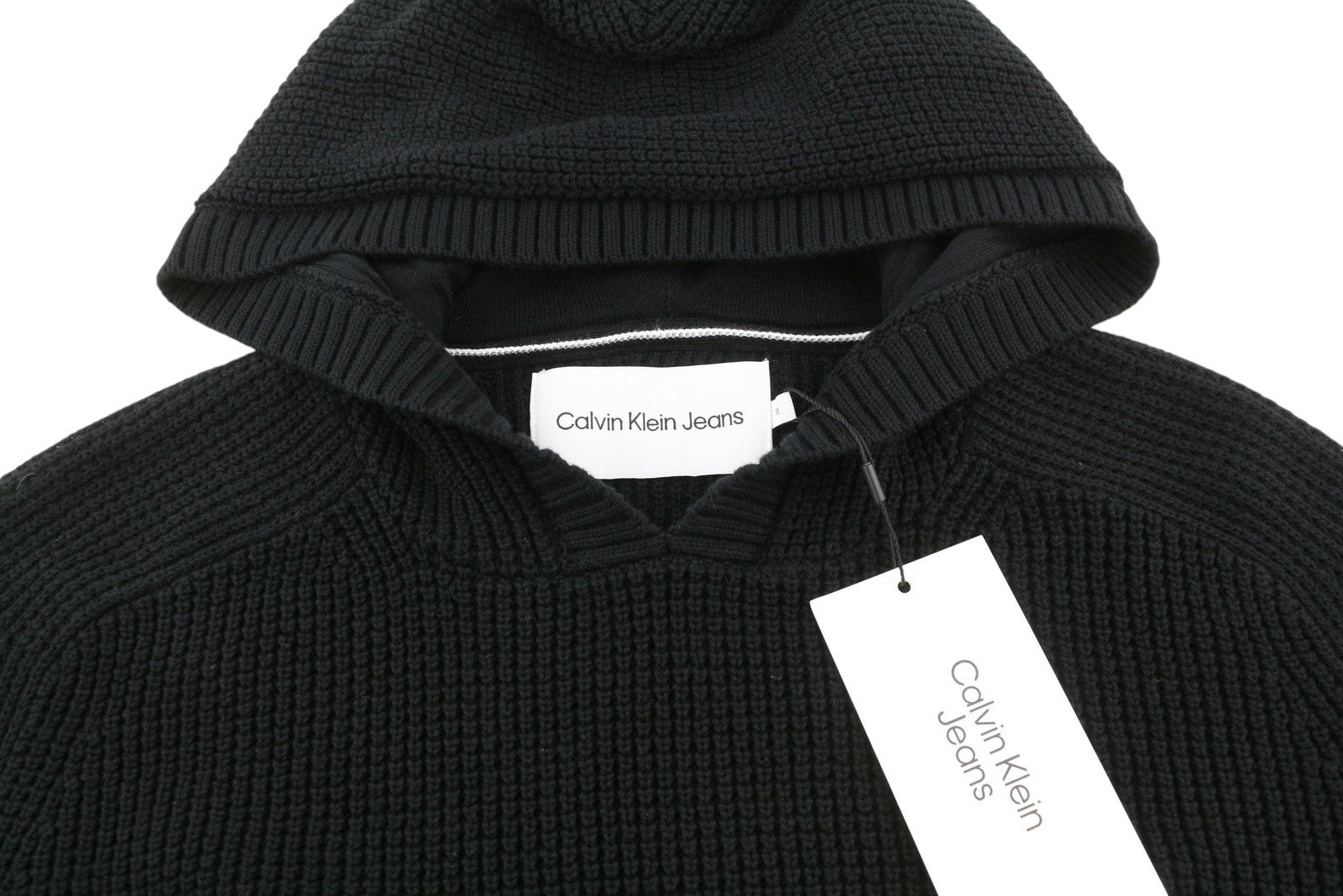 CALVIN KLEIN Men Jumper M Black Waffle Knit Hooded Pullover RRP139