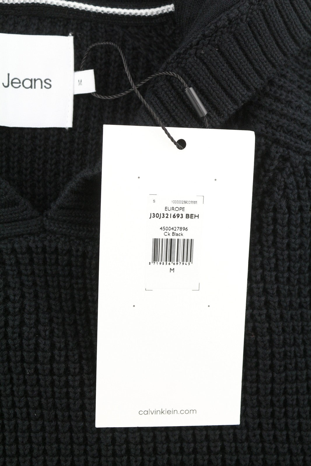 CALVIN KLEIN Men Jumper M Black Waffle Knit Hooded Pullover RRP139