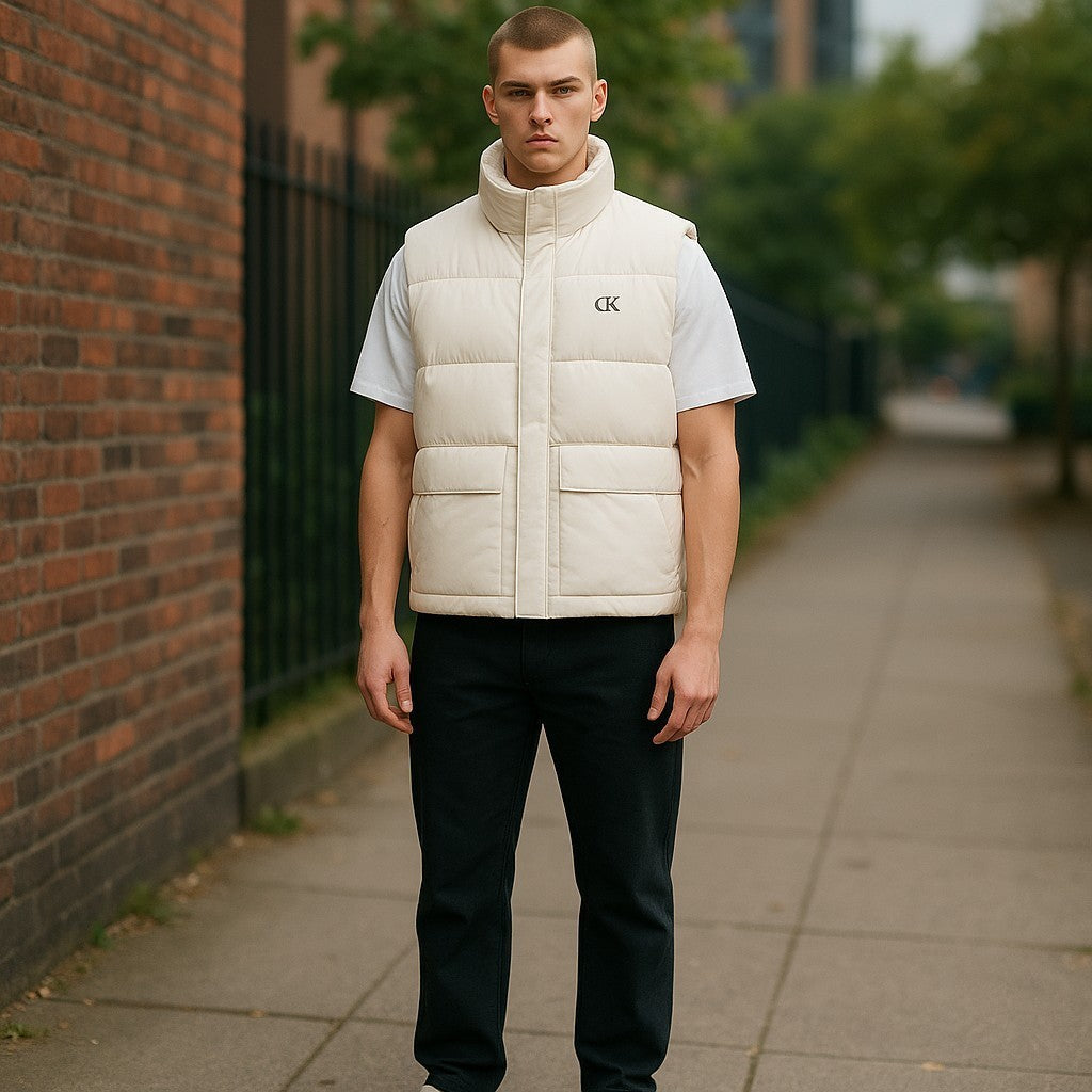 CALVIN KLEIN Men Waistcoat L White Quilted Padded Zip RRP179