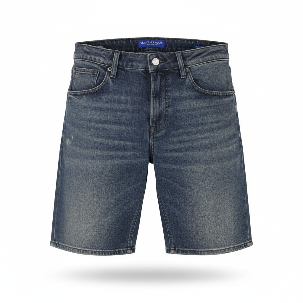 SCOTCH & SODA Ralston Men Shorts W32 Blue Denim Whiskers Faded Stretch Button