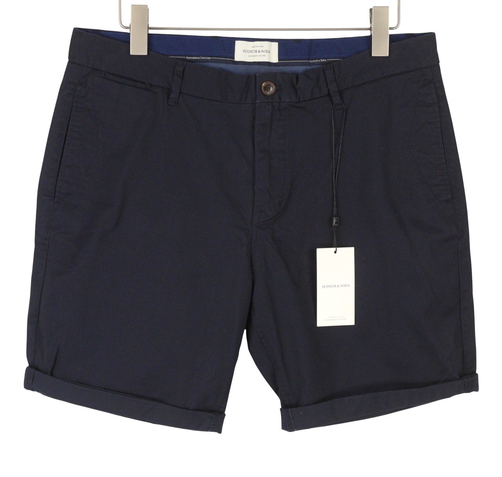 SCOTCH & SODA Men Shorts W34 Dark Blue Zip Fly Turn-Up Chino