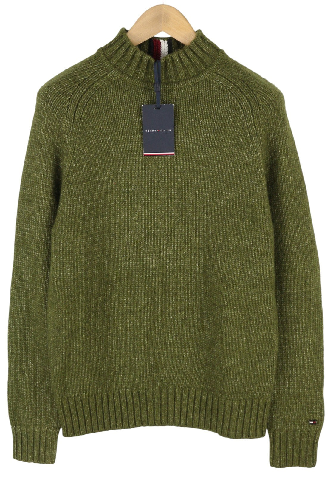 TOMMY HILFIGER Dc Mouline Mock Nk Men Jumper S Green Wool RRP199