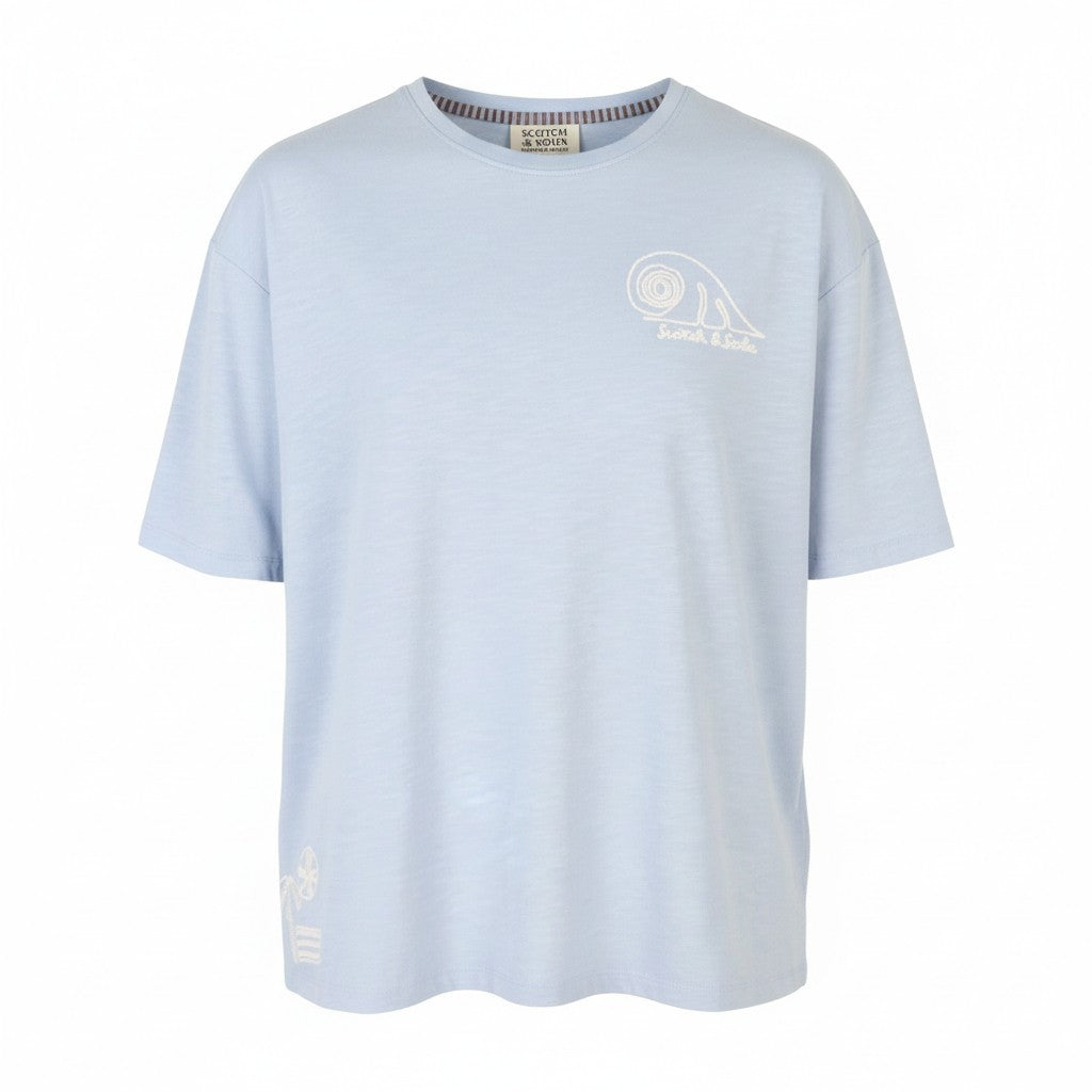 SCOTCH & SODA Men T-Shirt M Blue Melange Cotton Embroidered Tricot Short Sleeve