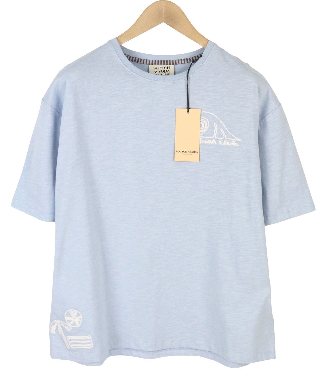 SCOTCH & SODA Men T-Shirt M Blue Melange Cotton Embroidered Tricot Short Sleeve