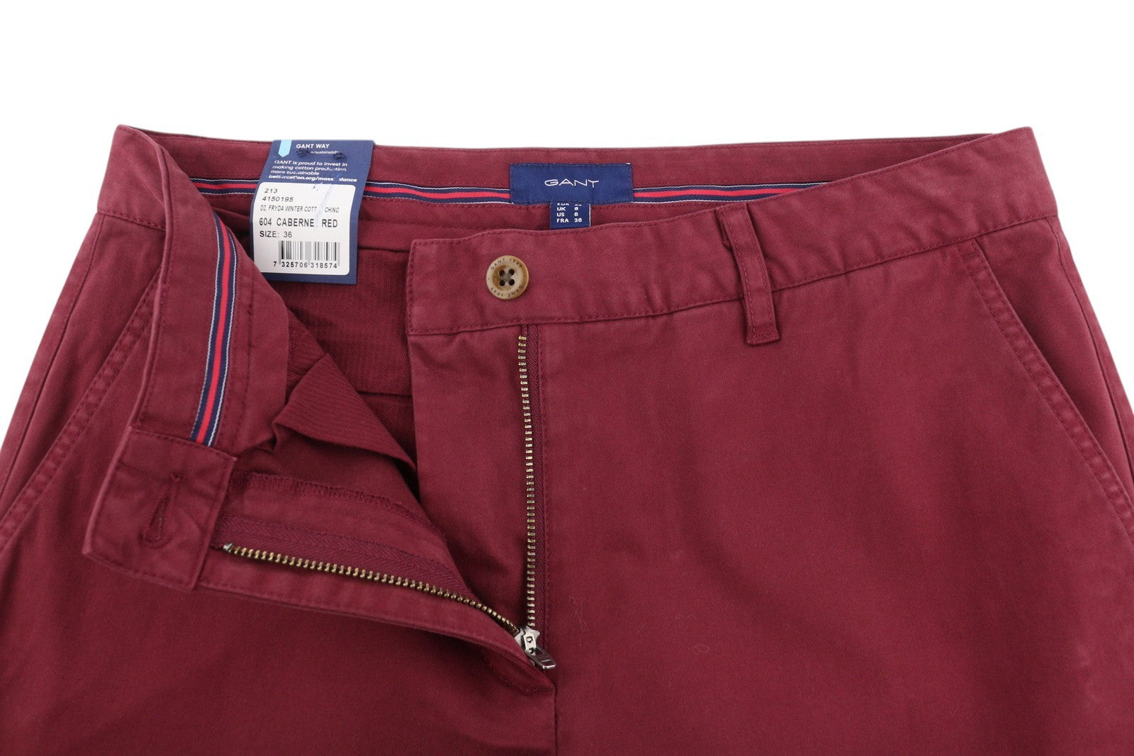 GANT Fryda Women Trousers EU36 Red Slim Mid Rise Zip Ankle Logo